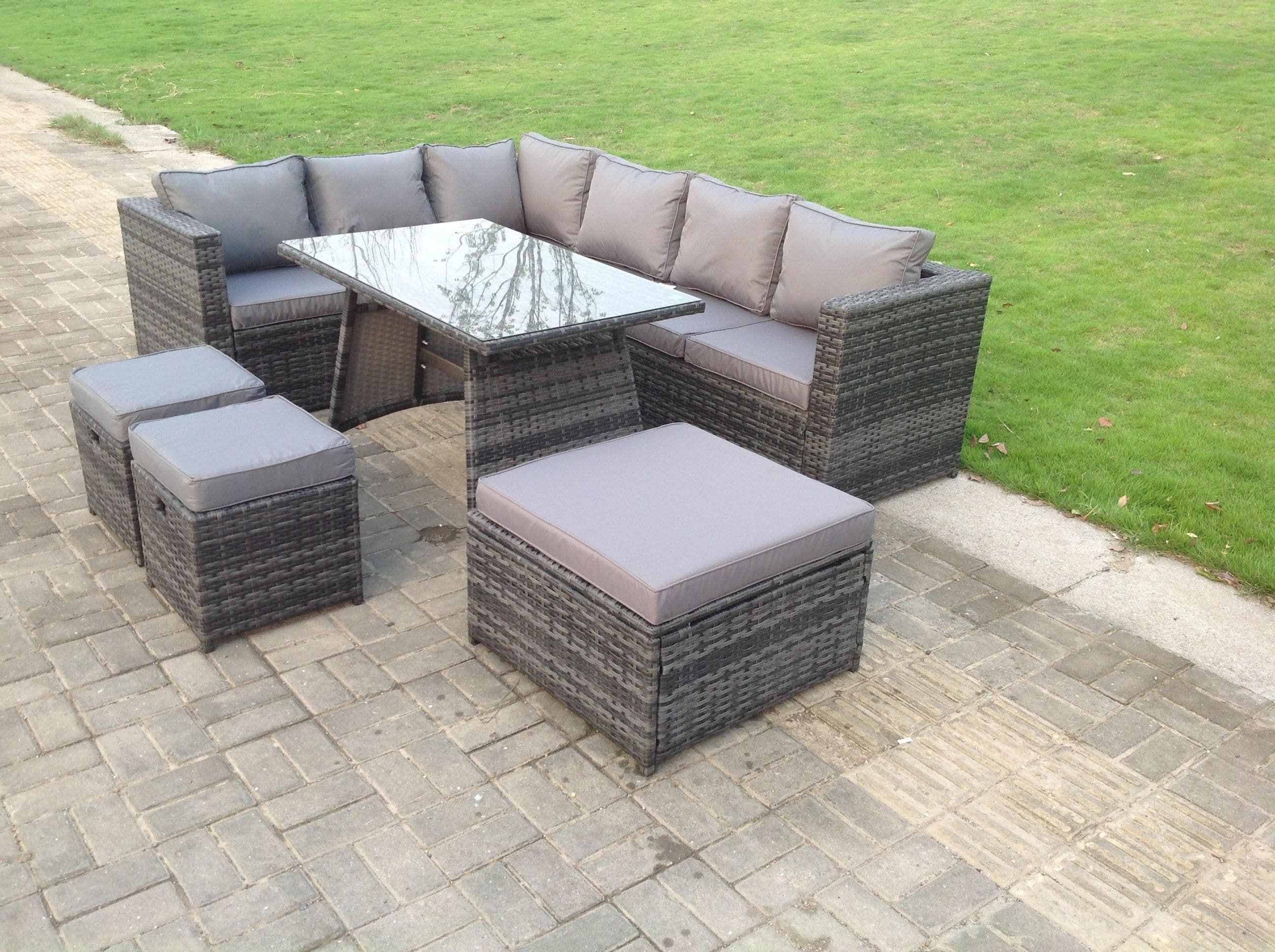 PE Rattan Corner Sofa Set Rectangular Dining Table Set Seat Back Cushion 7 Seater