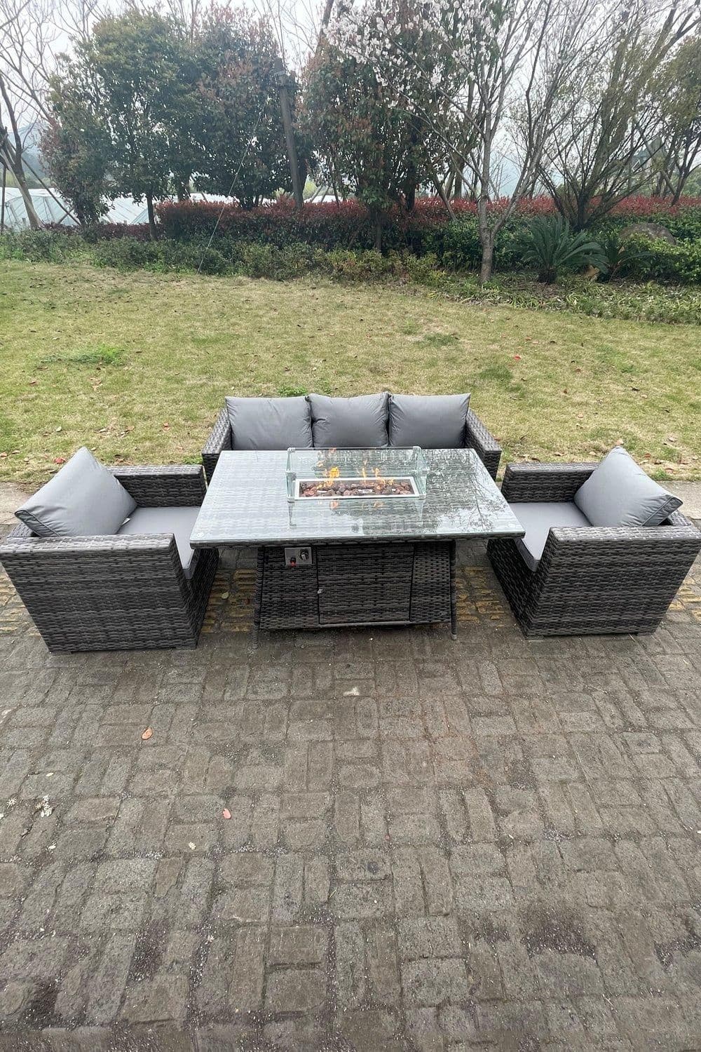 5 Seater Outdoor PE Rattan Garden Furniture Gas Fire Pit Dining Table Lounge Sofa 2 PC Armchairs