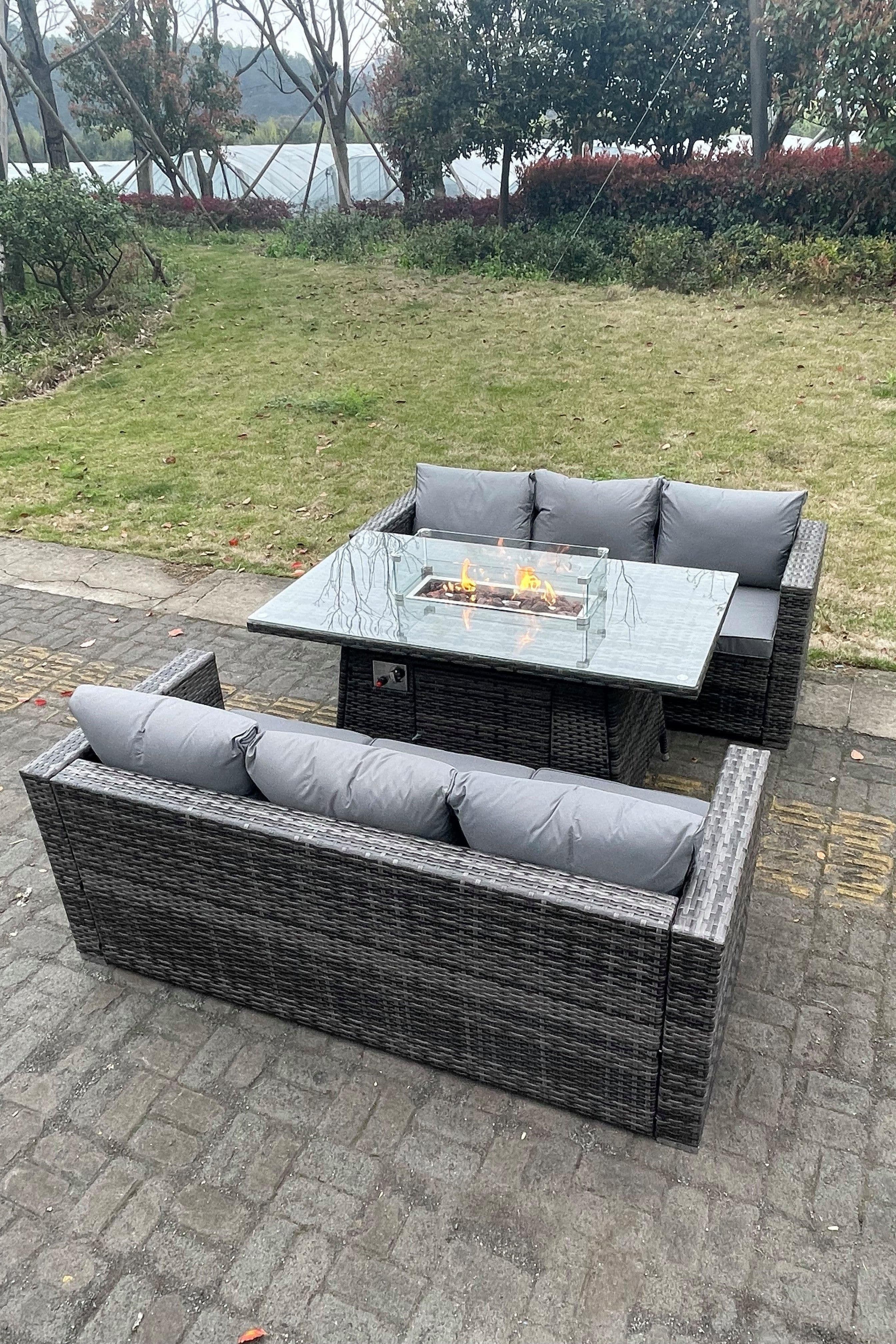 6 Seater Outdoor PE Rattan Garden Furniture Gas Fire Pit Dining Table Set Lounge Sofa 3 Seater Sofa