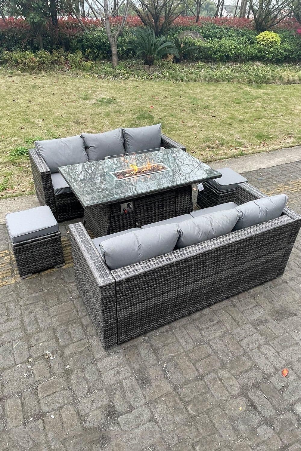 Outdoor PE Rattan Garden Furniture Gas Fire Pit Dining Table Lounge Sofa 2 PC Footstools Dark Grey