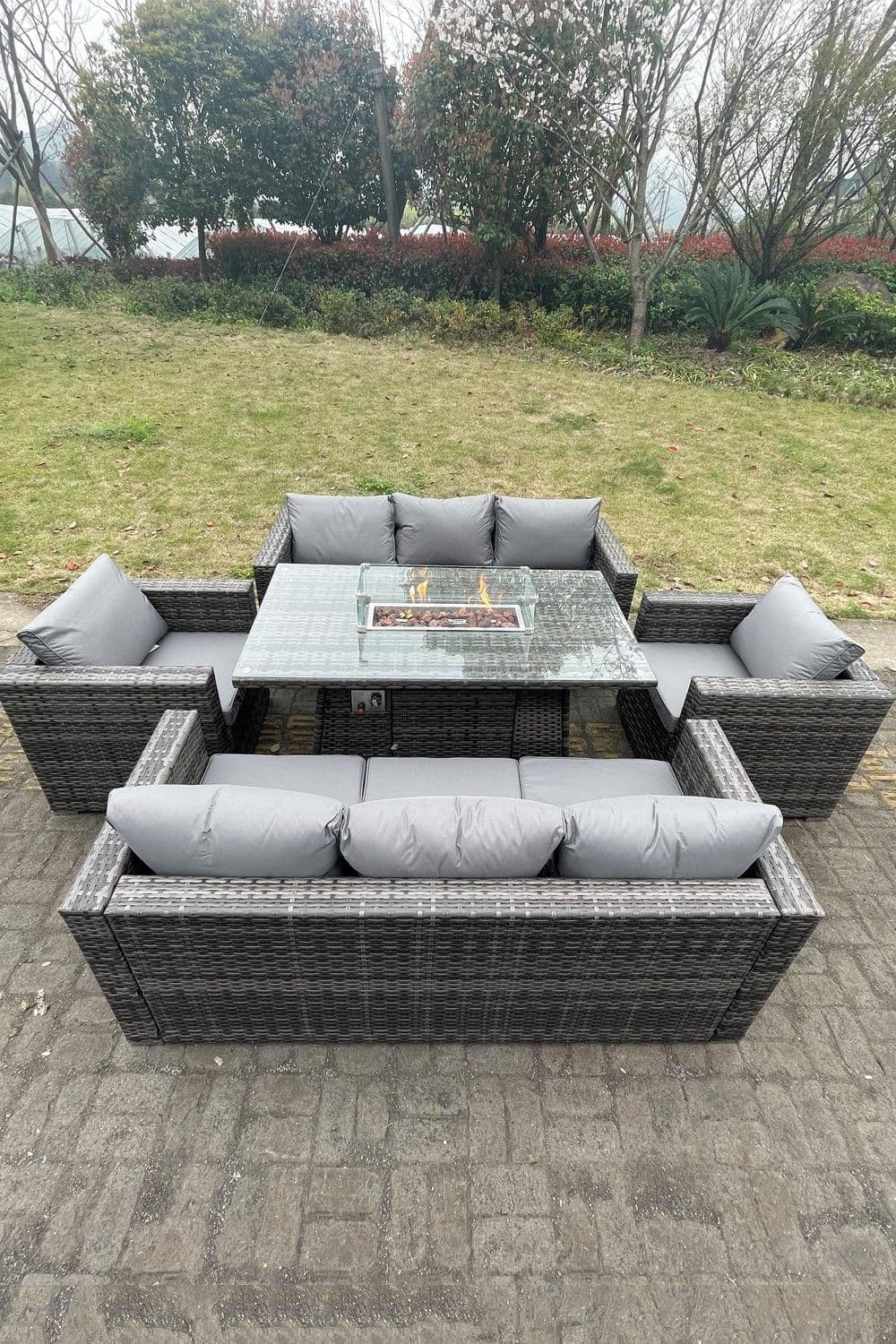 8 Seater Outdoor PE Rattan Garden Furniture Gas Fire Pit Dining Table Set Lounge Sofa 2 PC Armchairs