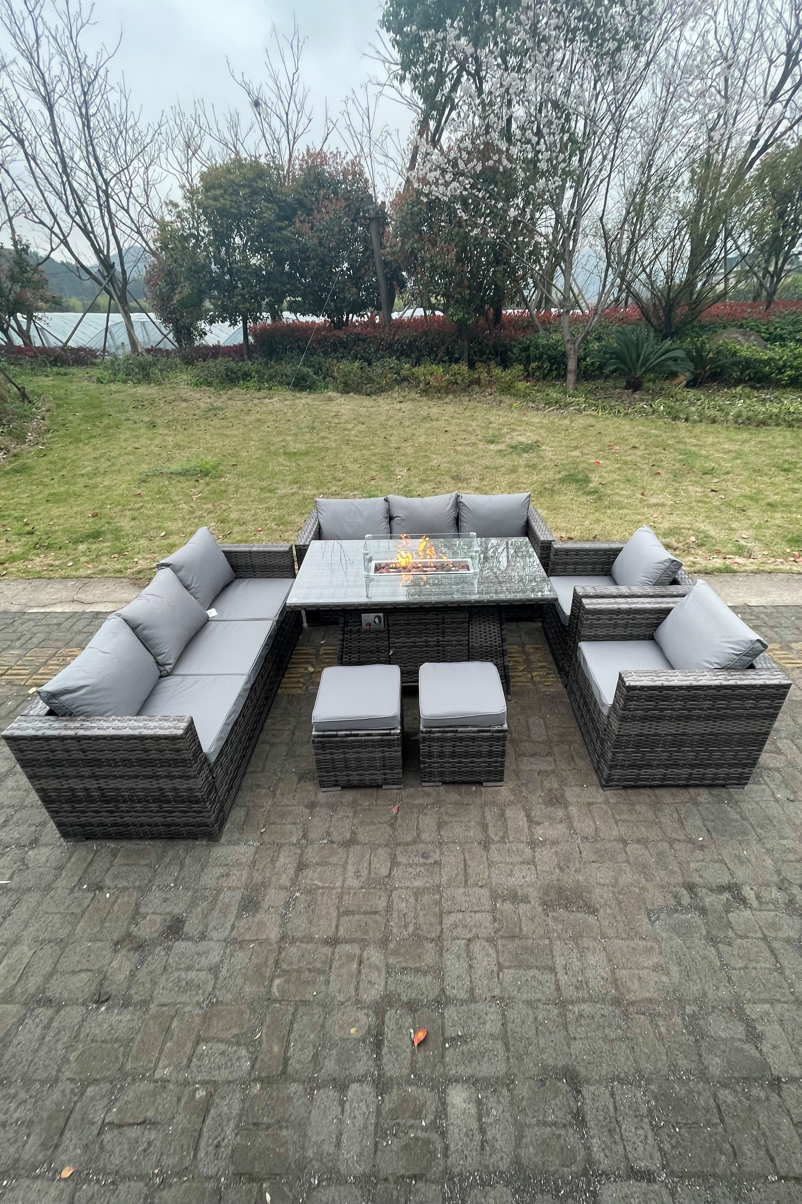 10 Seater Outdoor PE Rattan Garden Furniture Gas Fire Pit Dining Table Set Lounge Sofa 2 PC Armchairs