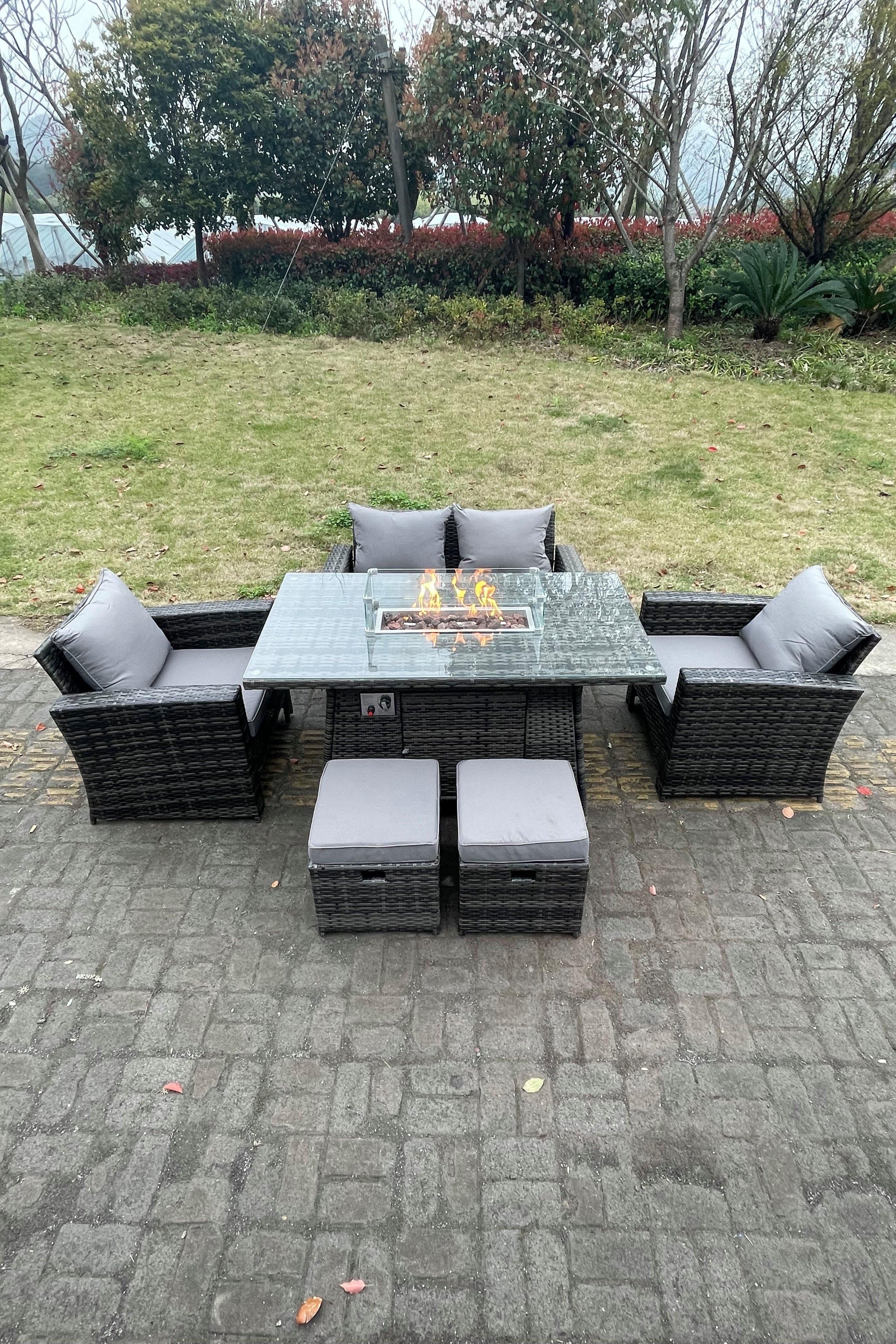 Rattan Outdoor Furniture Gas Fire Pit Rectangle Dining Table Gas Heater Chairs Love Sofa 6 Seater