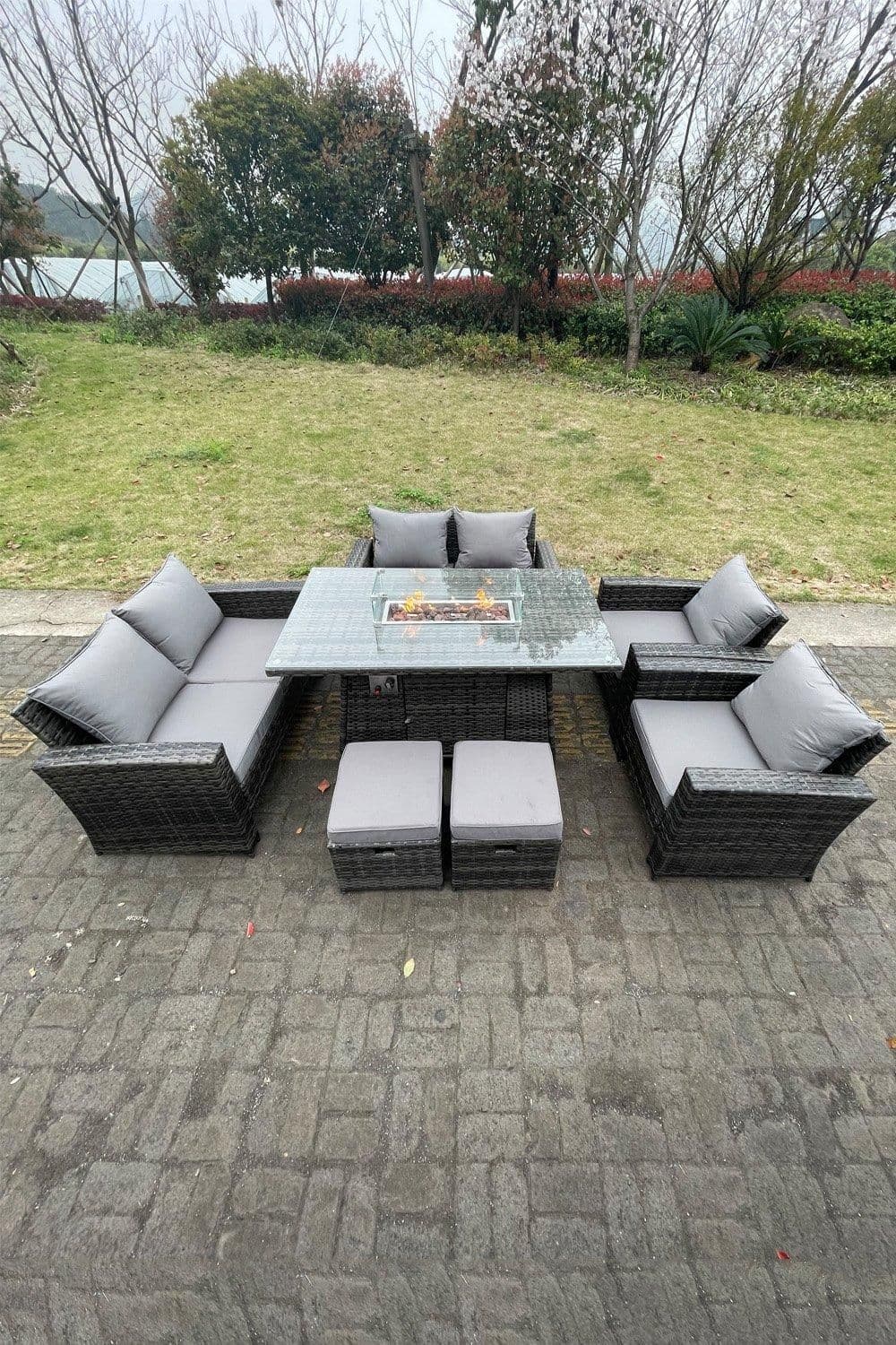 Rattan Outdoor Furniture Gas Fire Pit Rectangle Dining Table Gas Heater Chairs Sofa 8 Seater
