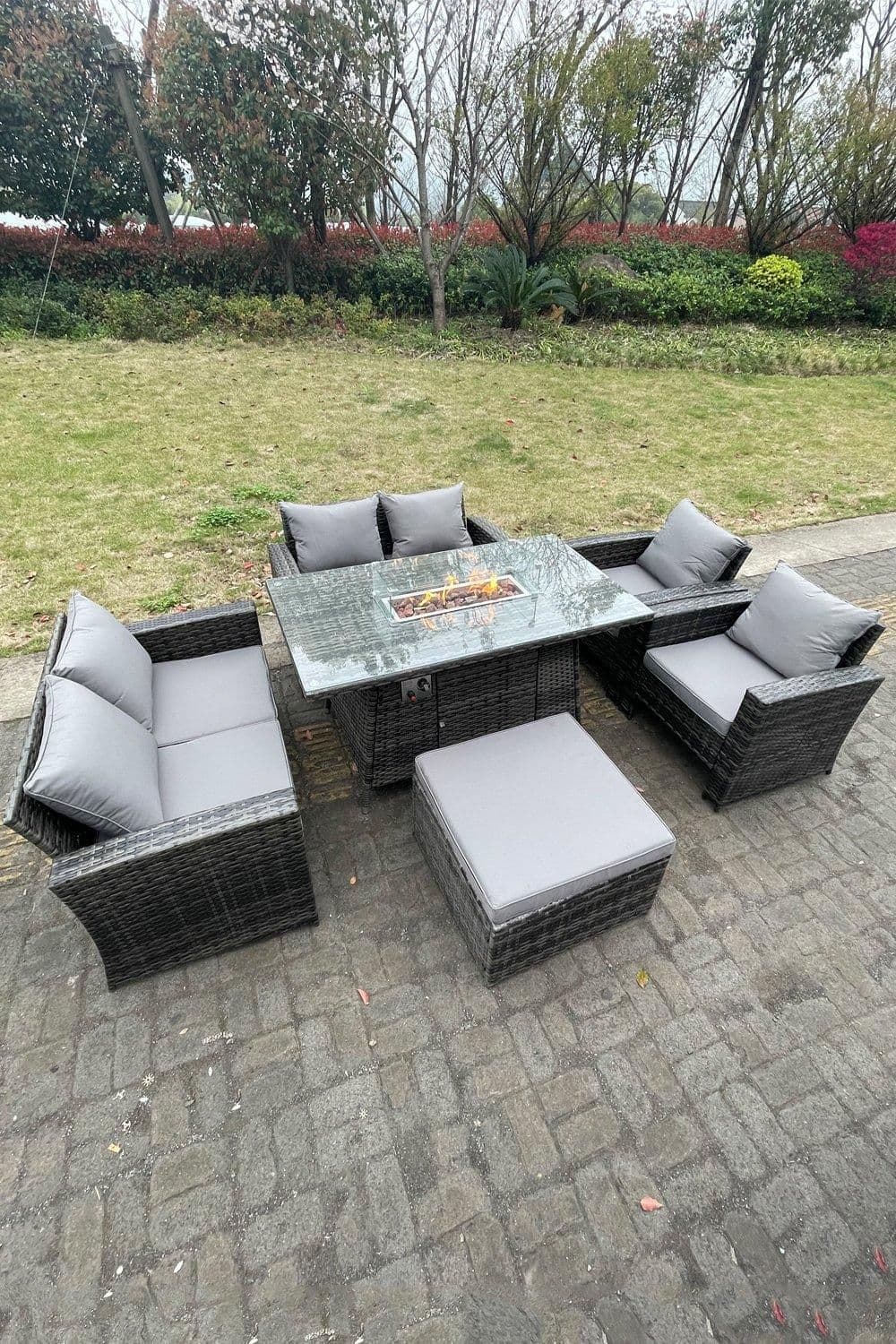 Rattan Outdoor Furniture Gas Fire Pit Rectangle Dining Table Gas Heater Chairs Sofa Set 7 Seater