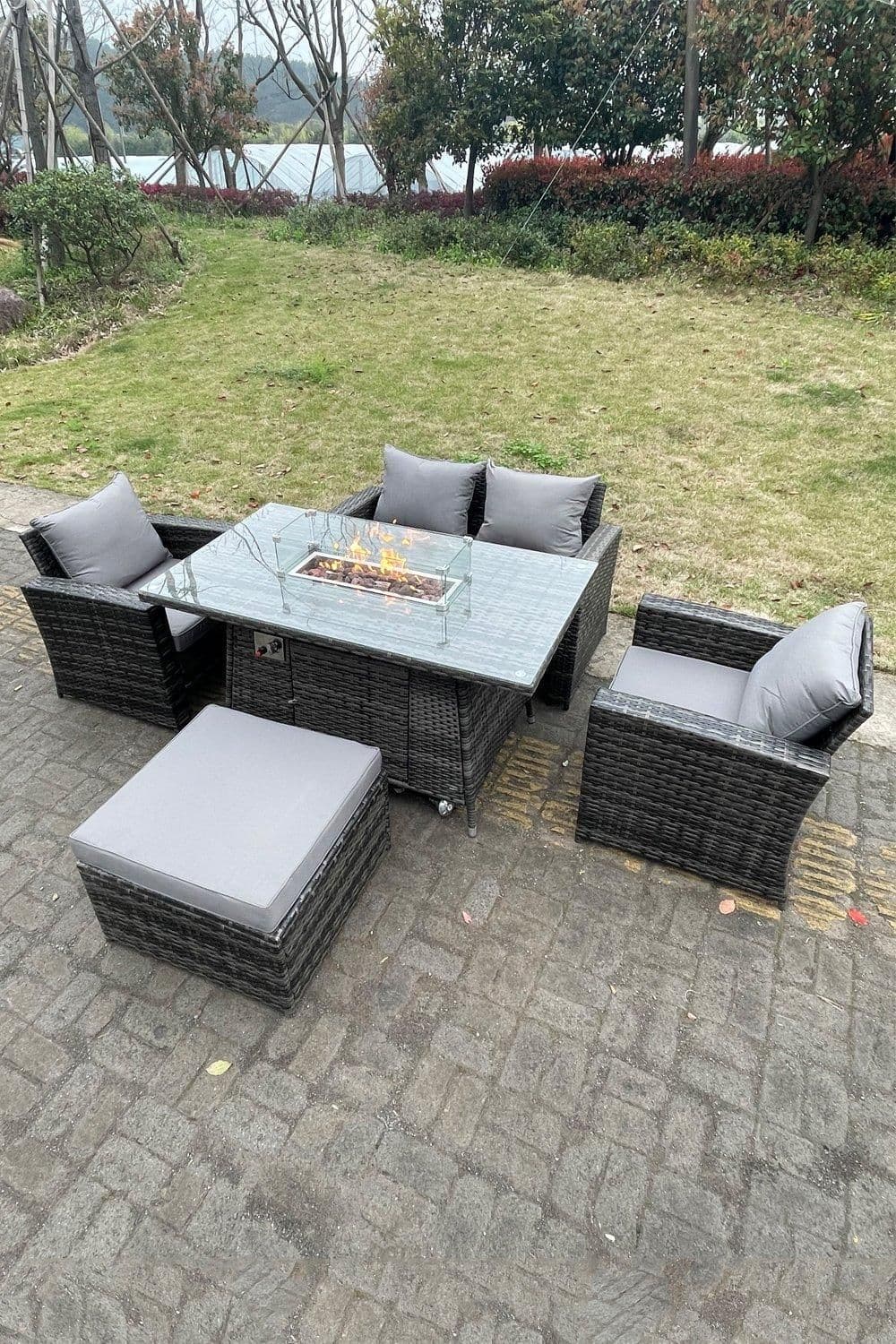 Rattan Outdoor Furniture Gas Fire Pit Rectangle Dining Table Gas Heater Chairs Sofa Sets 5 Seater