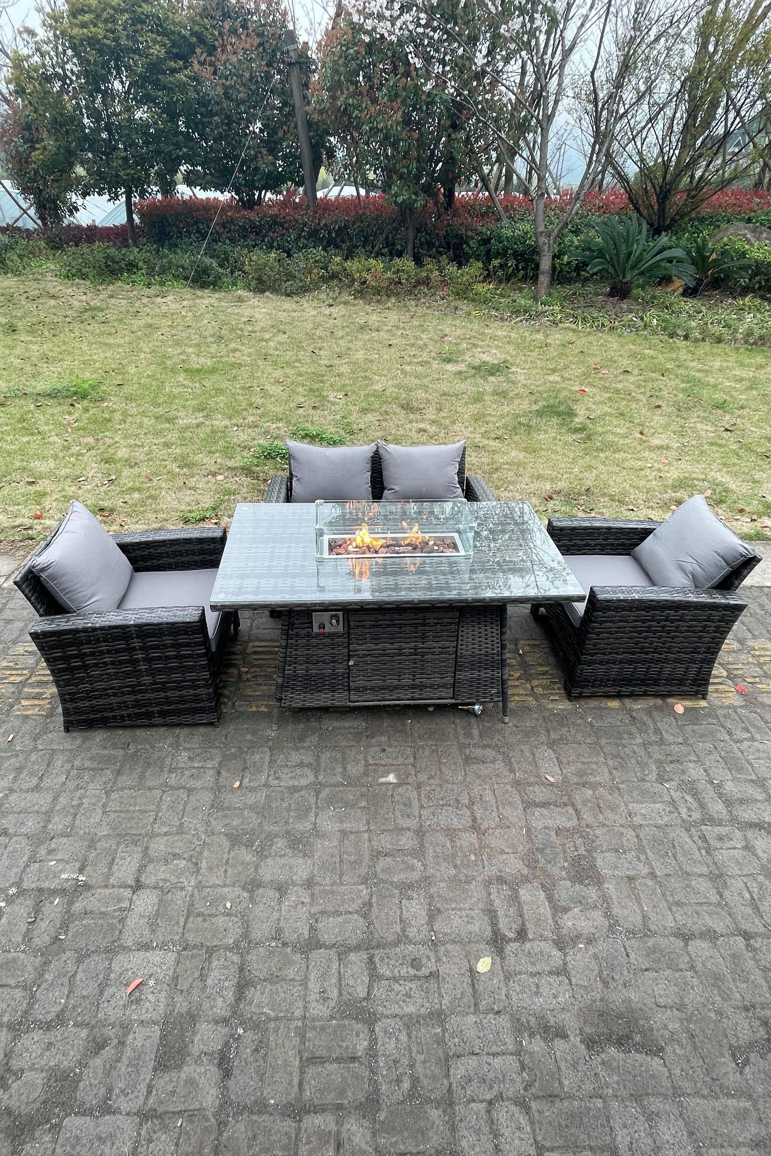Rattan Outdoor Furniture Gas Fire Pit Rectangle Dining Table Gas Heater Chairs Sofa Sets 4 Seater