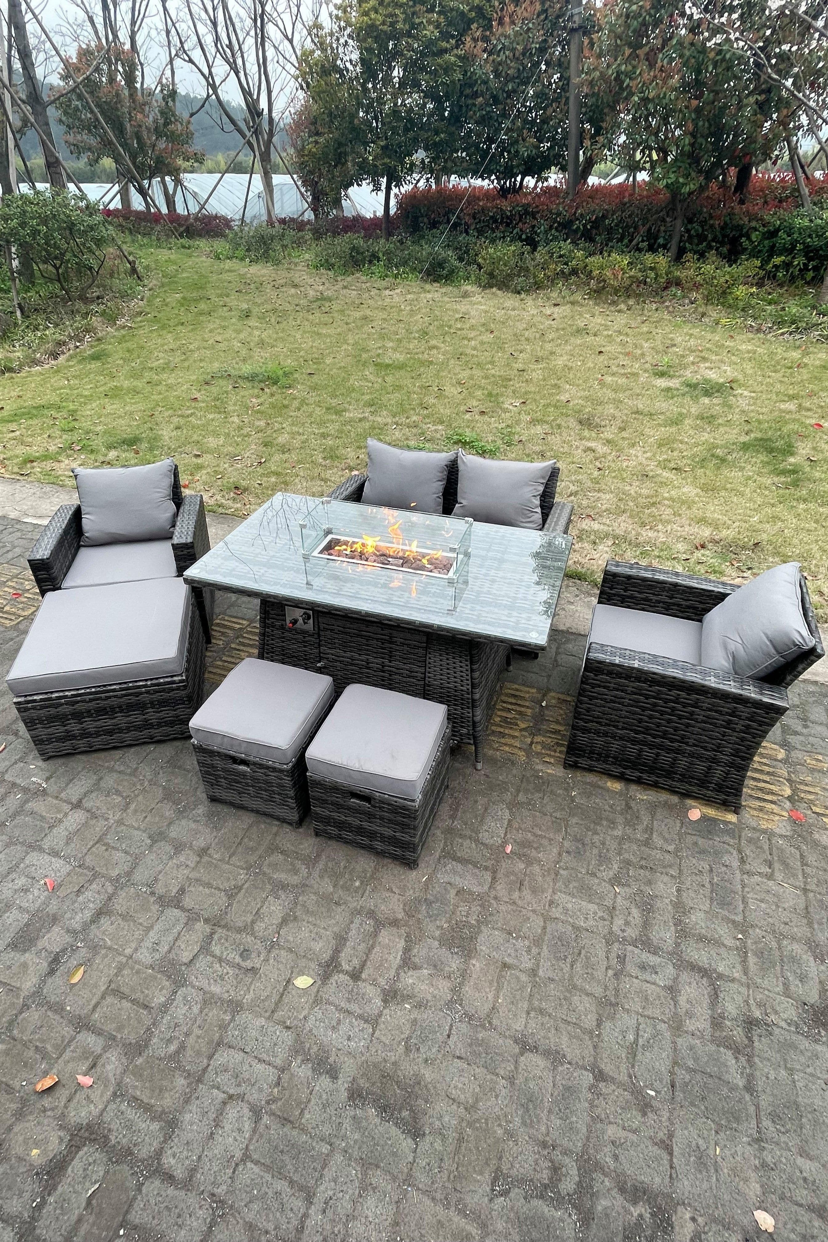 Rattan Outdoor Furniture Gas Fire Pit Rectangle Dining Table Gas Heater Chairs 7 Seater
