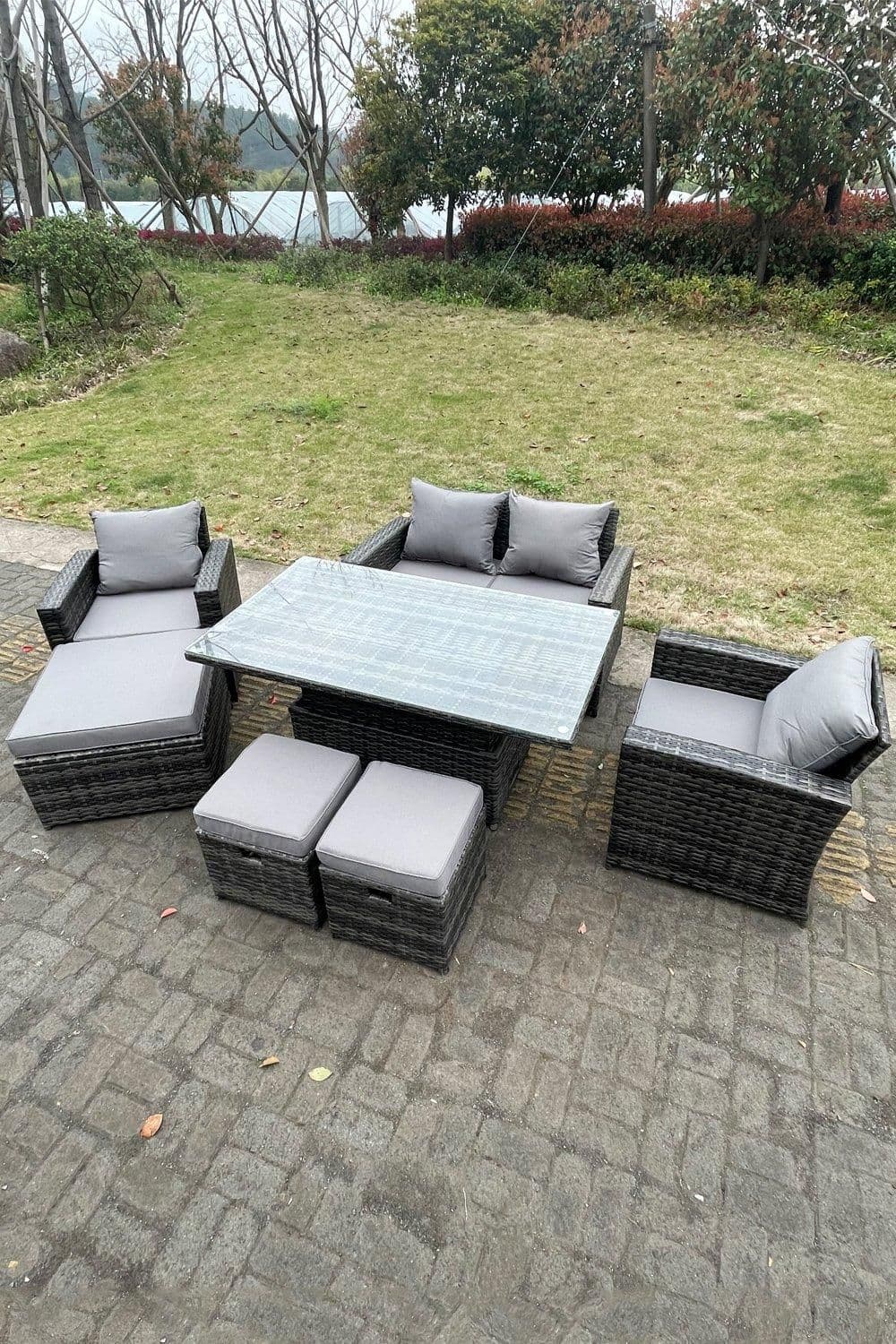 Rattan Outdoor Furniture Adjustable Rising Lifting Rectangle Dining Table Chairs Love Sofa Sets7 Seater