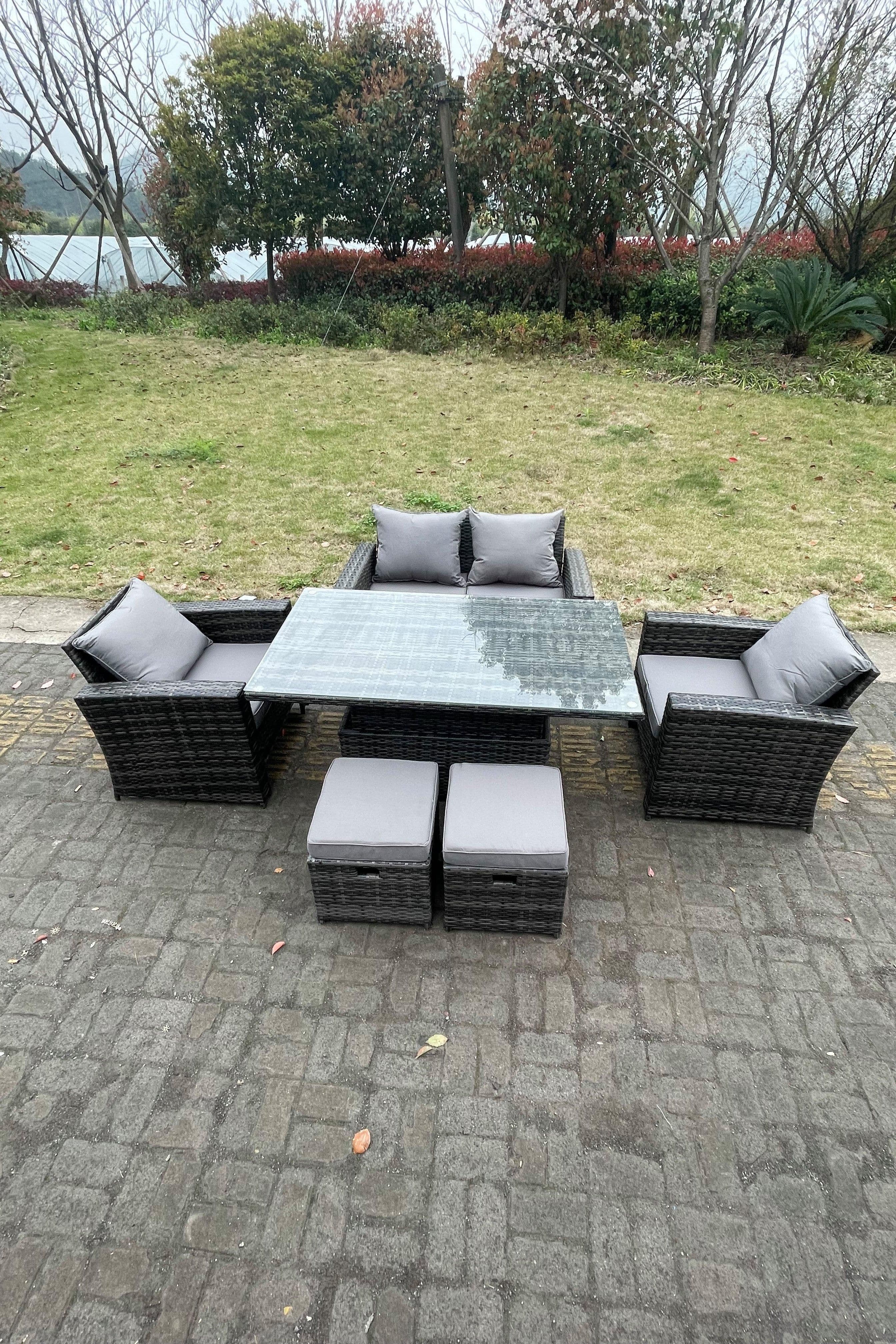 Rattan Outdoor Furniture Adjustable Rising Lifting Rectangle Dining Table Chairs Love Sofa Sets 6 Seater