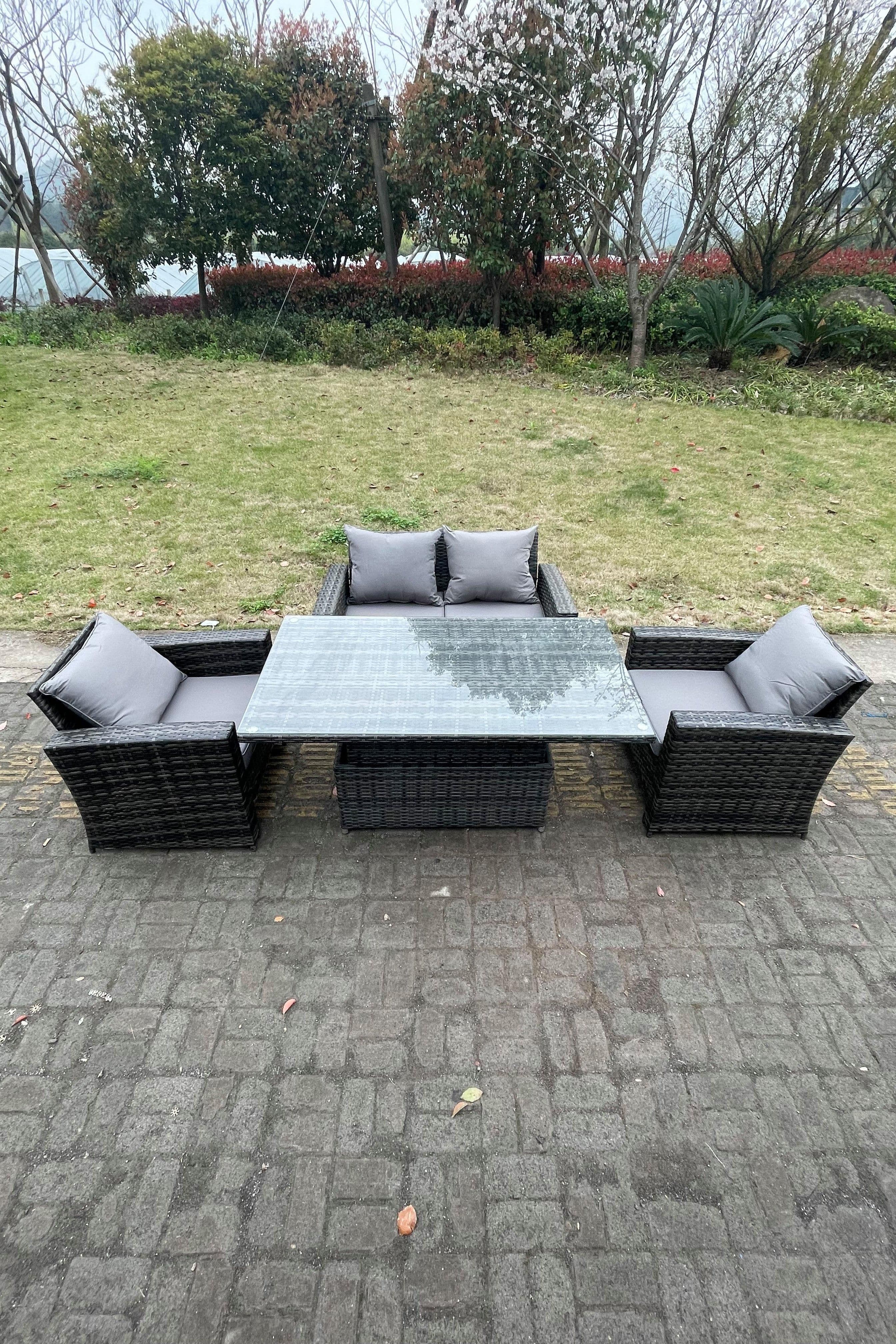 Rattan Outdoor Furniture Adjustable Rising Lifting Rectangle Dining Table Chairs 4 Seater