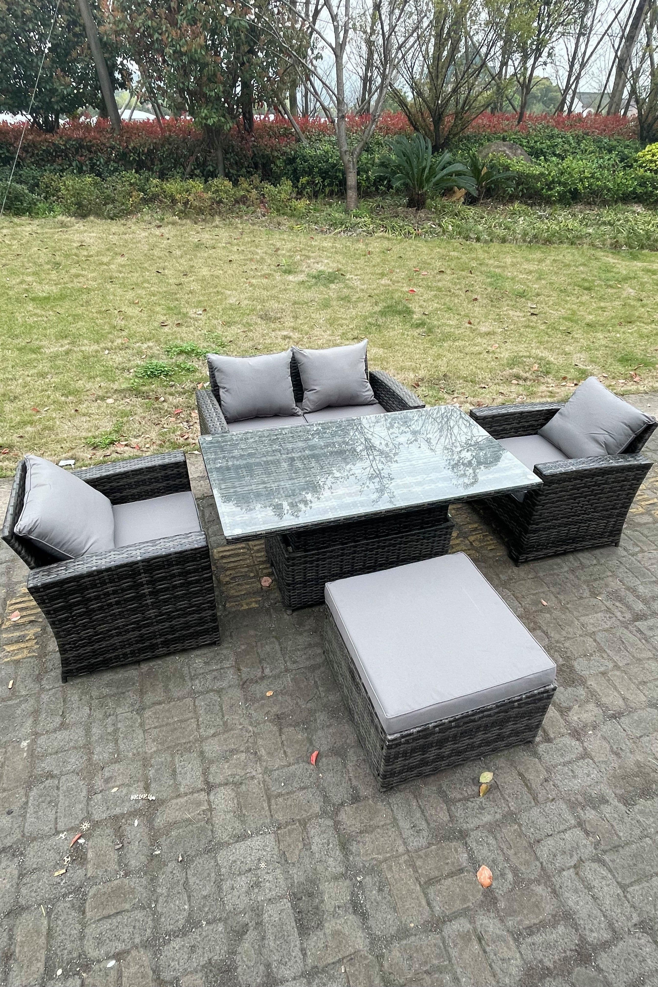 Rattan Outdoor Furniture Adjustable Rising Lifting Rectangle Dining Table Chairs 5 Seater