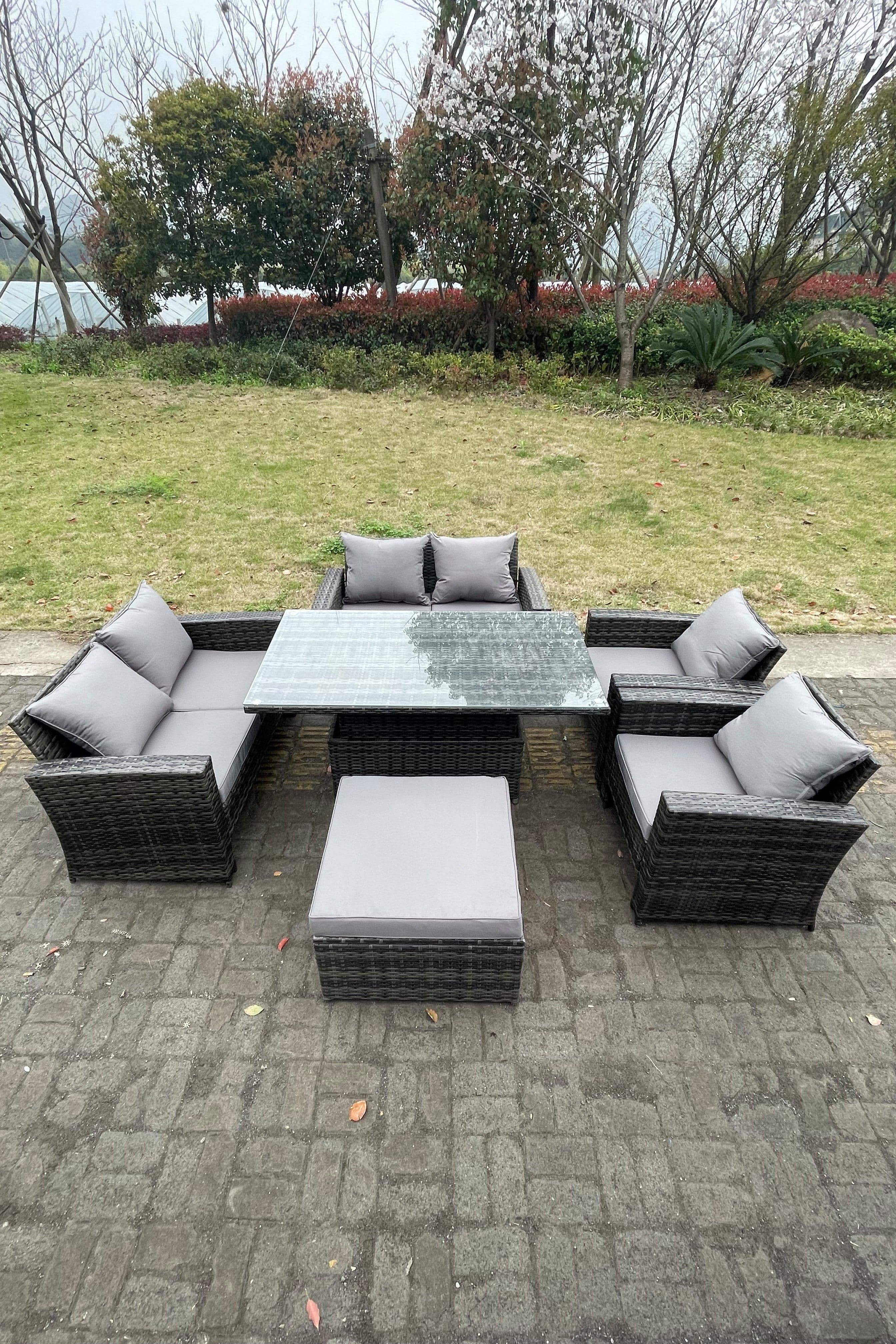 Rattan Outdoor Furniture Adjustable Rising Lifting Rectangle Dining Table Love Sofa Sets 7 Seater