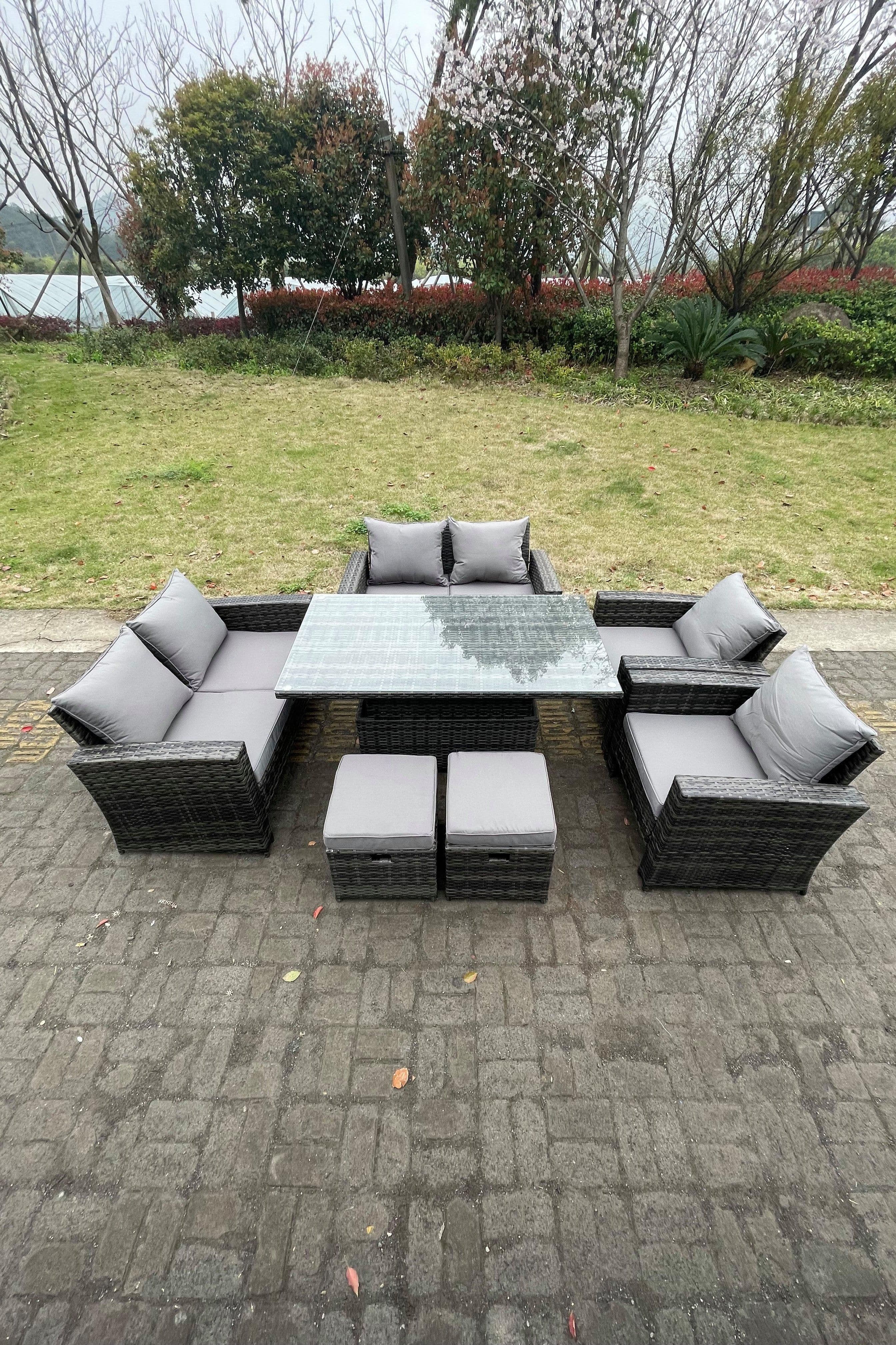 Rattan Outdoor Furniture Adjustable Rising Lifting Rectangle Dining Table Love Sofa Set Footstool 8 Seater