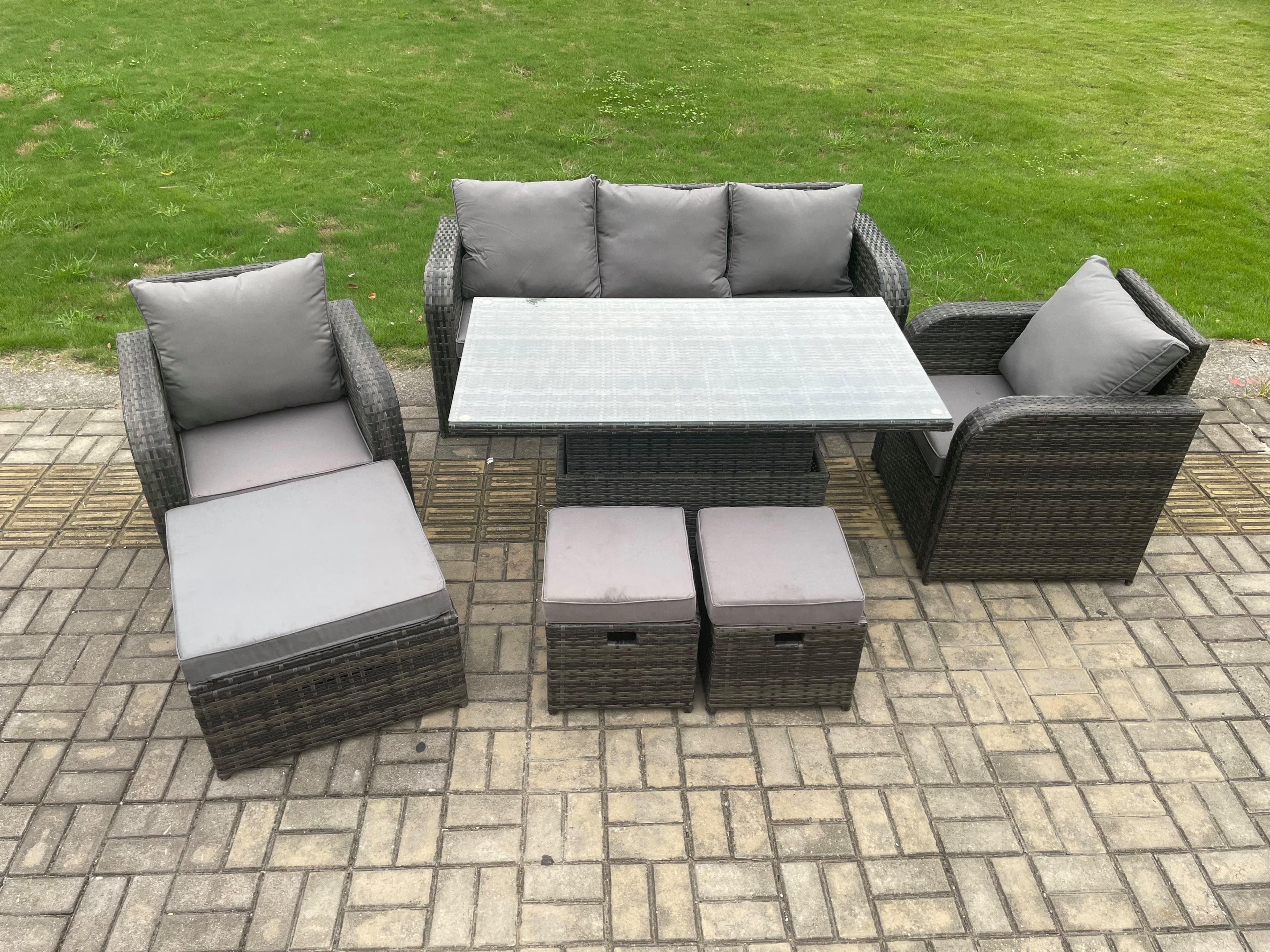 Outdoor Rattan Furniture Garden Dining Set Rising lifting Table Chair Set Lounge Sofa 3 Footstools