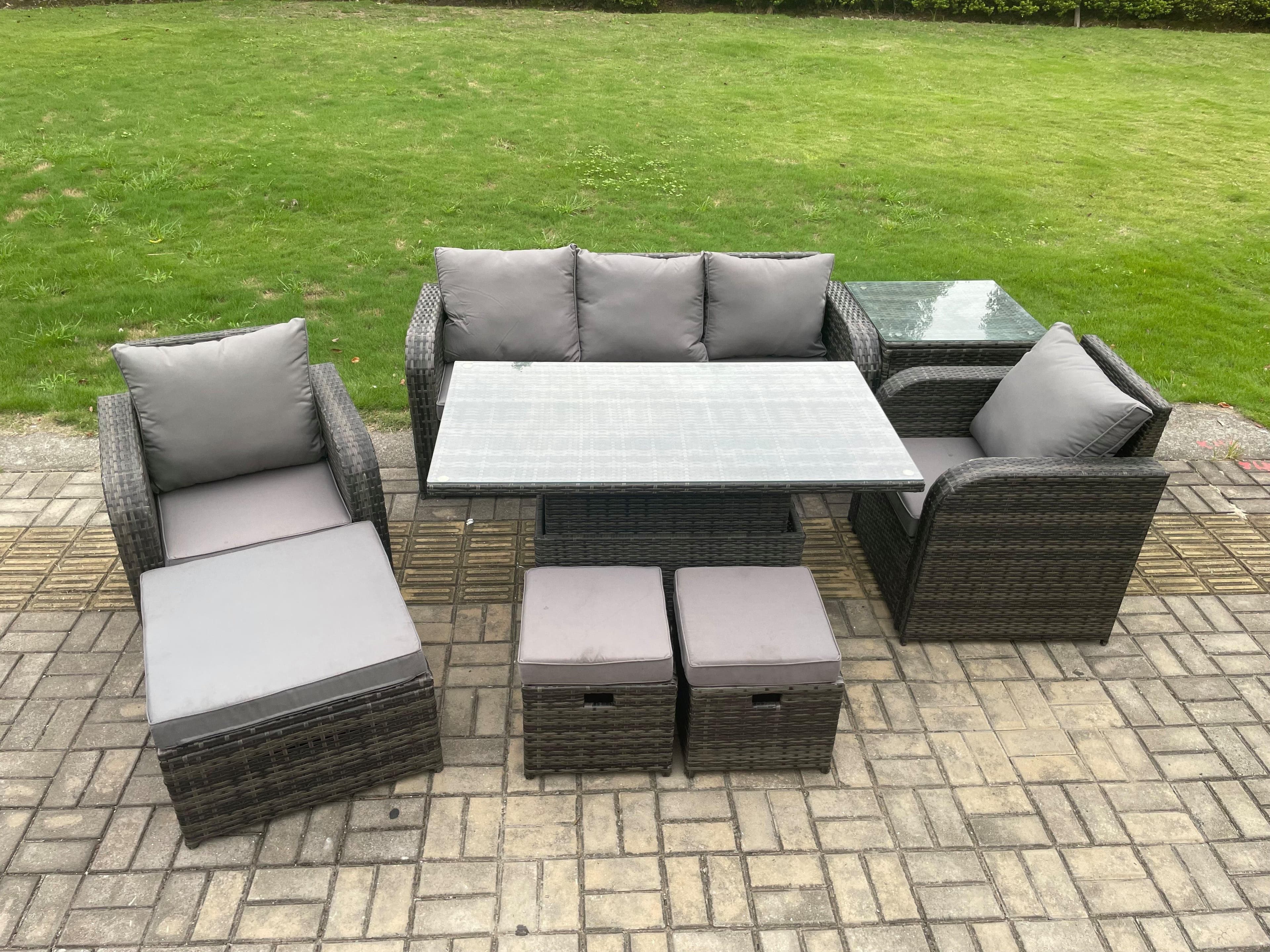 Outdoor Rattan Furniture Sofa Garden Dining Sets Adjustable Rising lifting Table Chair Set Side Table