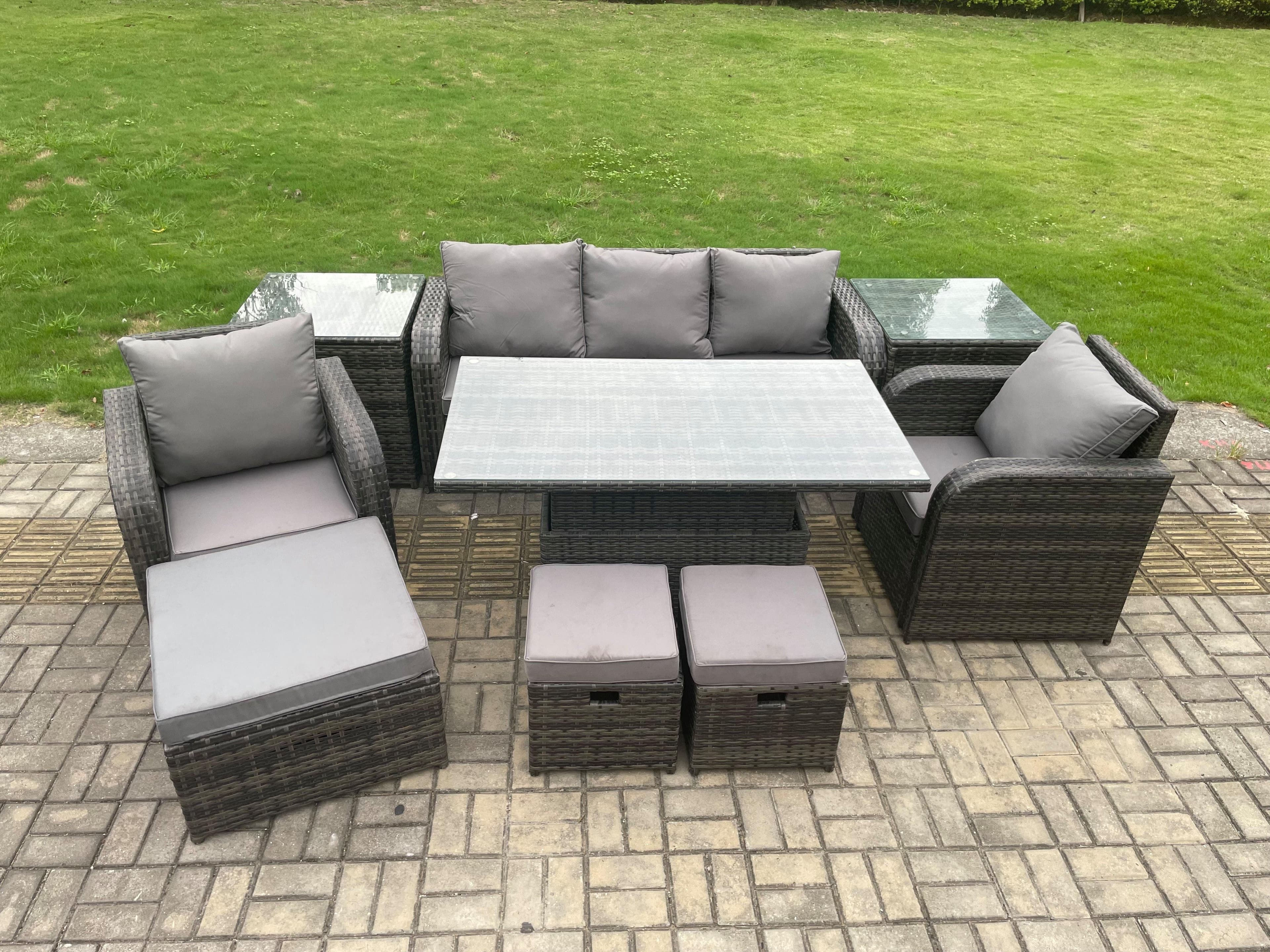 Outdoor Rattan Furniture Sofa Garden Dining Sets Adjustable Rising lifting Table Chair Set 3 Footstools
