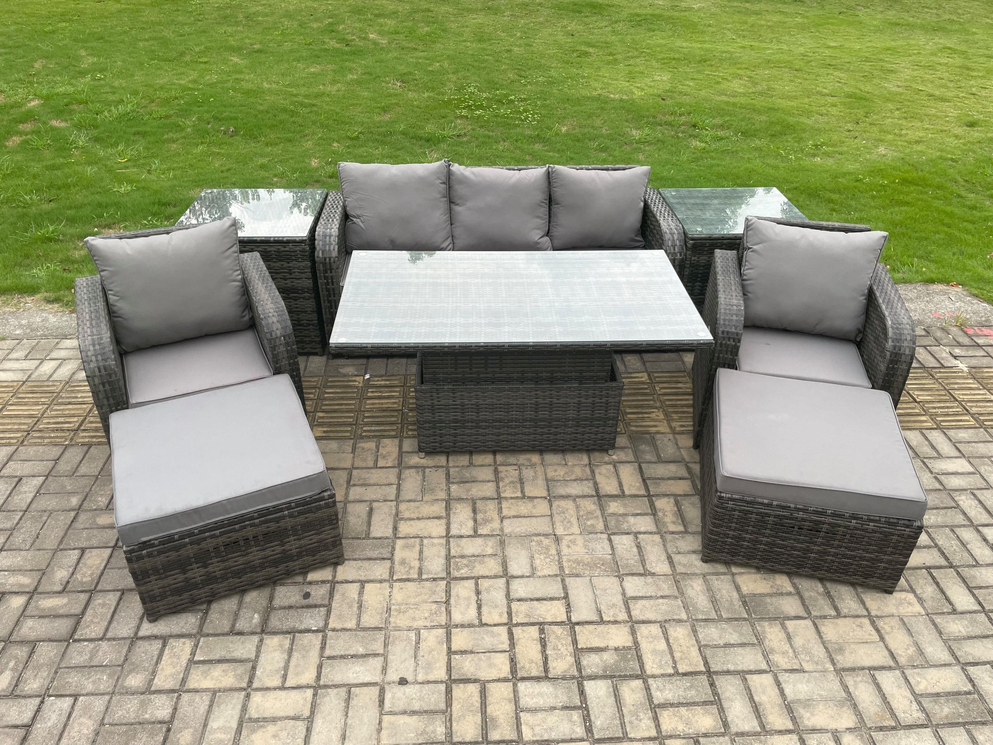 Outdoor Rattan Furniture Sofa Garden Dining Sets Adjustable Rising lifting Table Chair Set 2 Side Tables