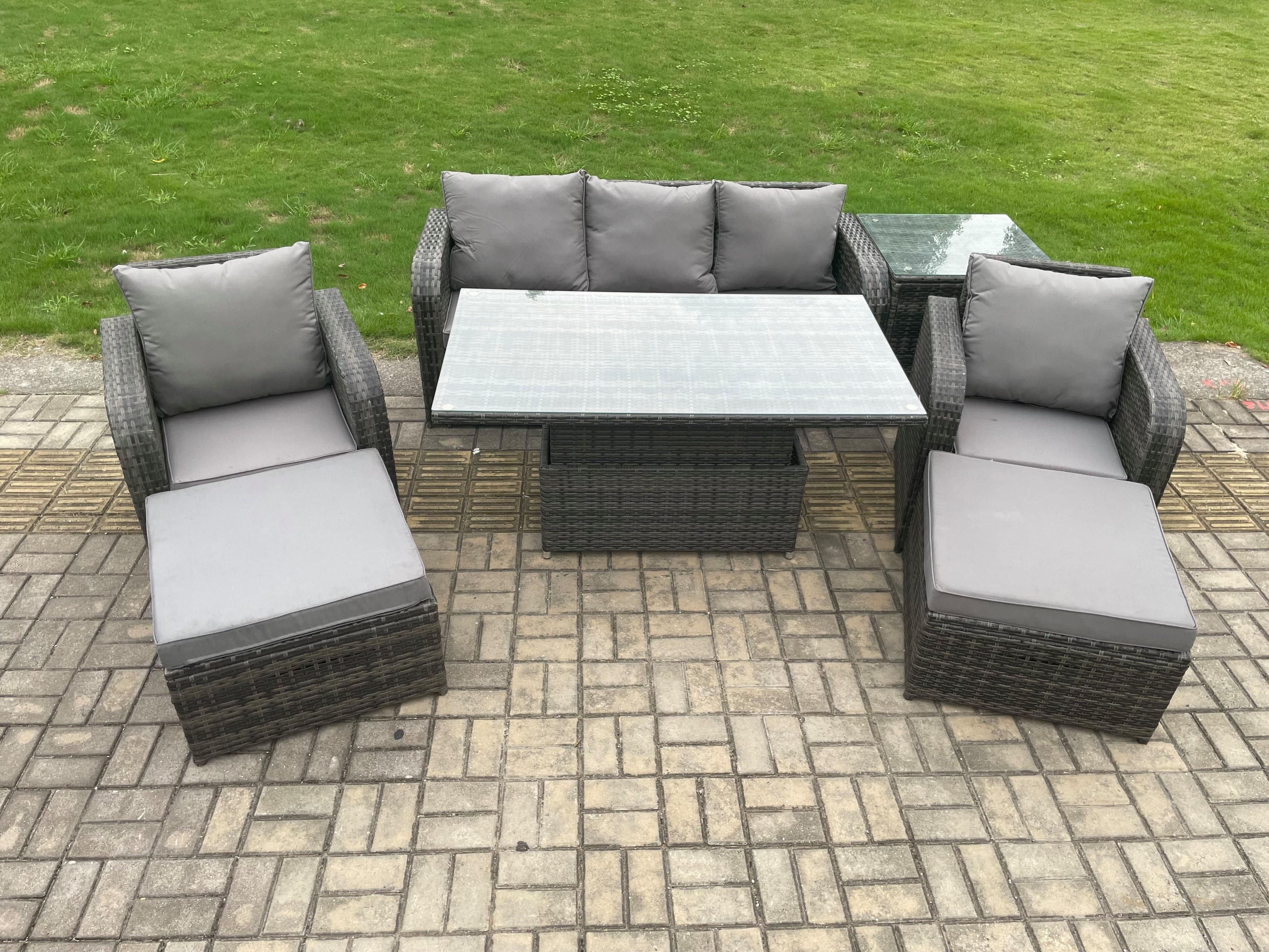 Outdoor Rattan Furniture Garden Dining Sets Adjustable Rising lifting Table Sofa Set Chairs Side Tables