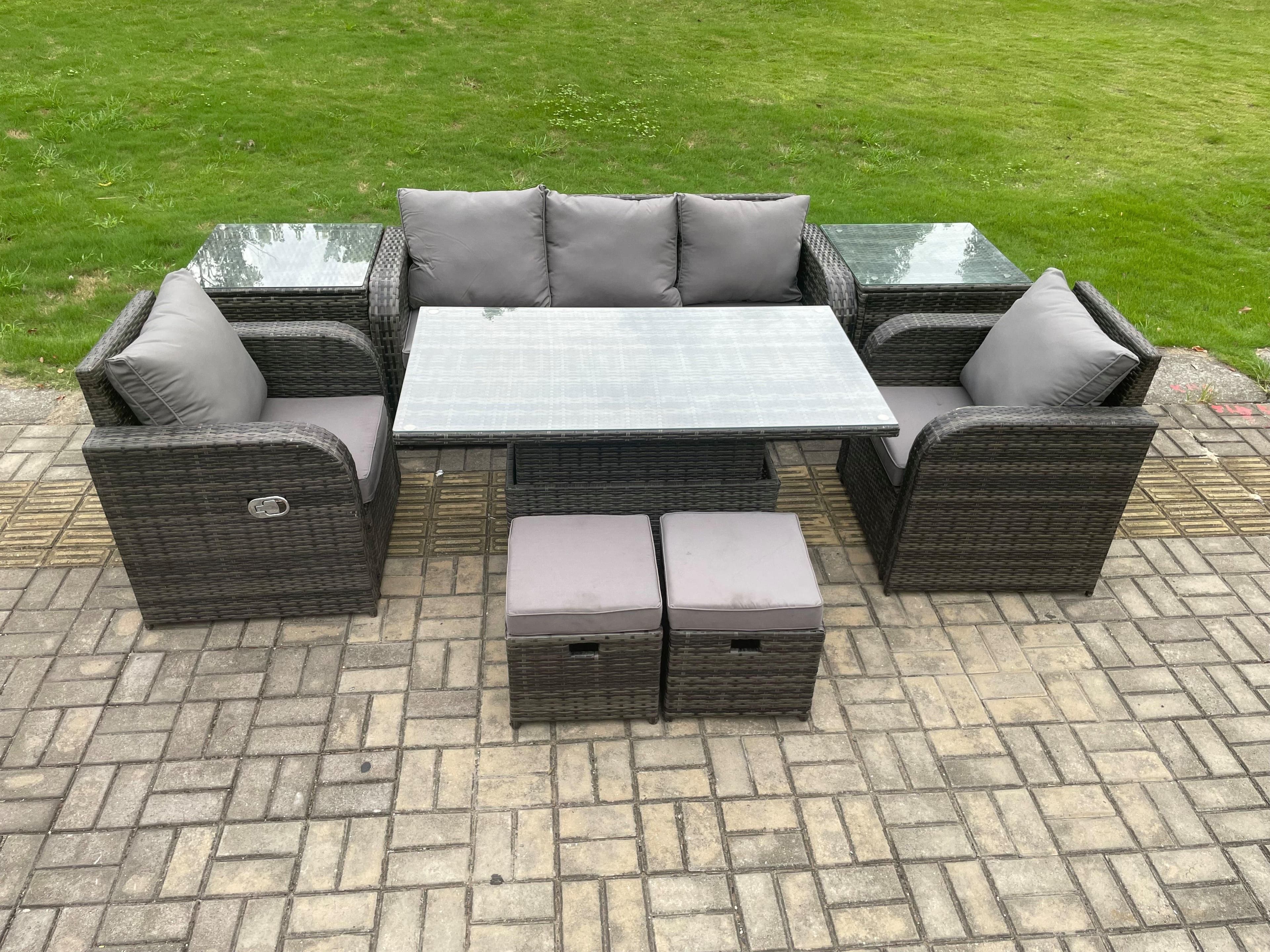 Outdoor Rattan Furniture Garden Dining Sets Adjustable Rising lifting Table Sofa Set Chair 2 Small Footstools