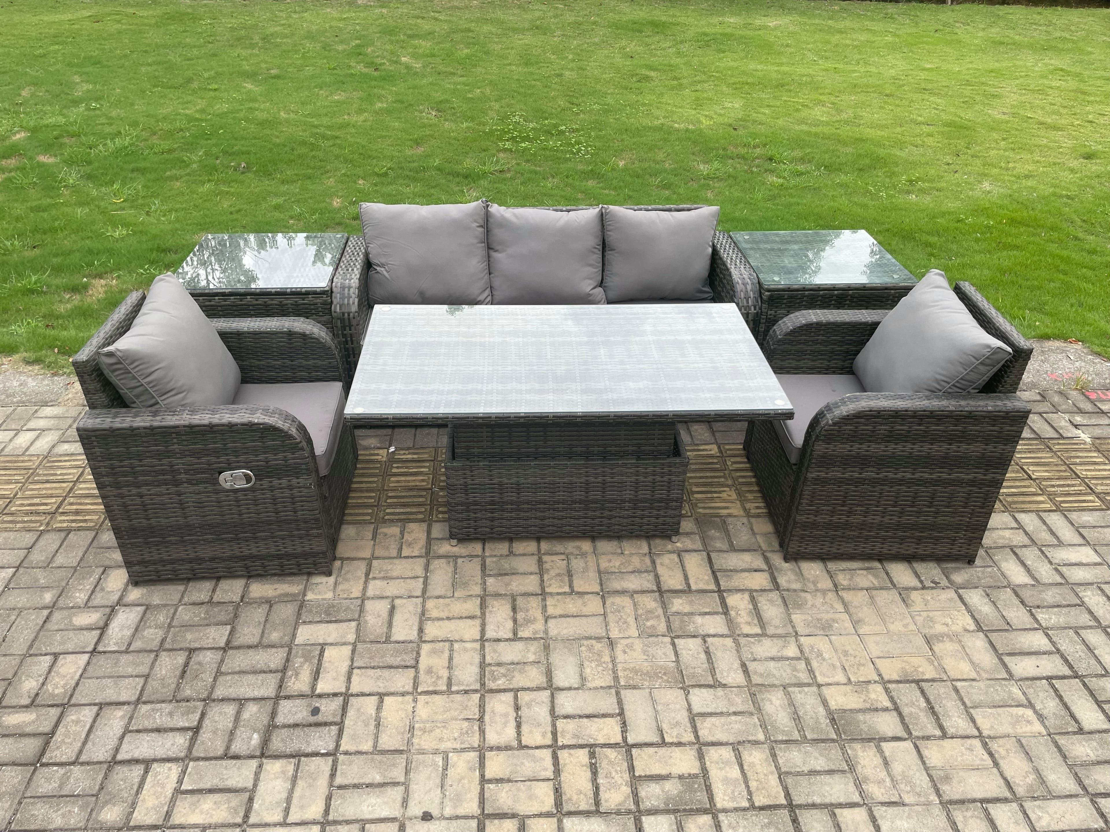 Outdoor Rattan Furniture Garden Dining Sets Adjustable Rising lifting Table Sofa Set Side Tables