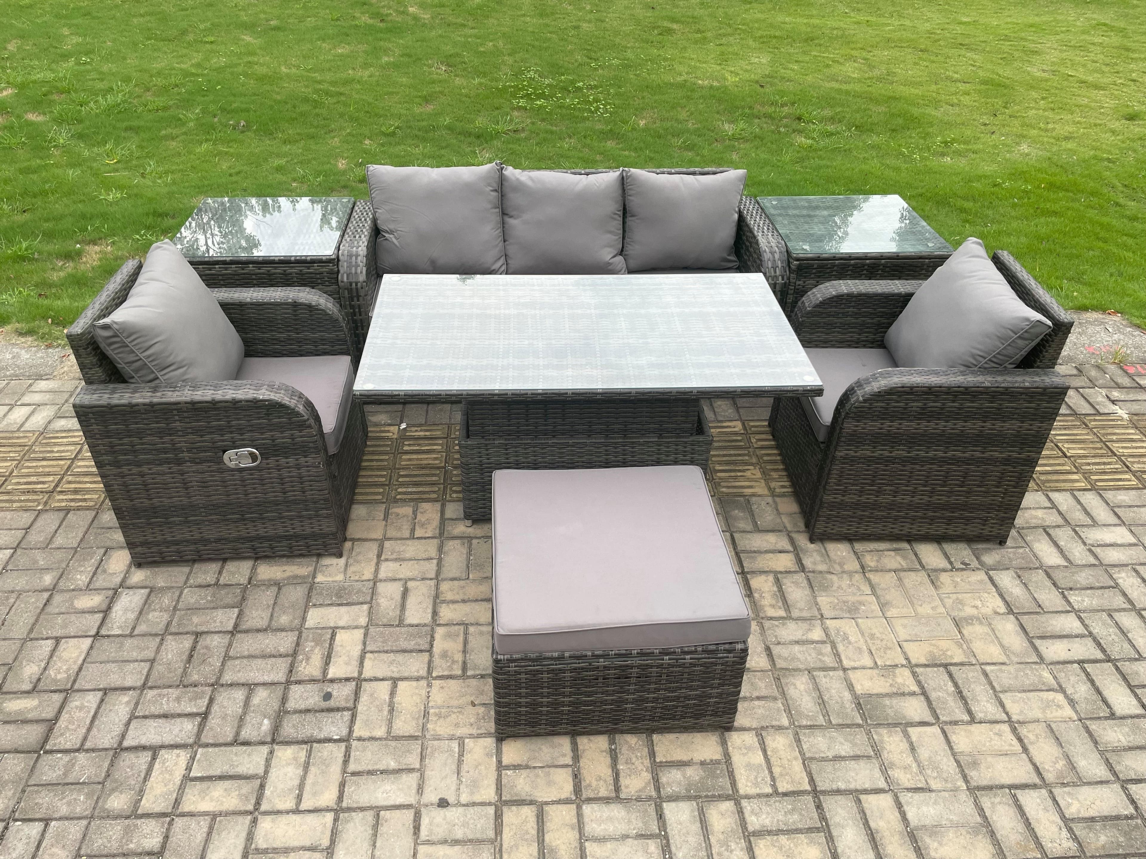 Wicker PE Rattan Outdoor Garden Furniture Set Height Adjustable Rising lifting Dining Table Armchair