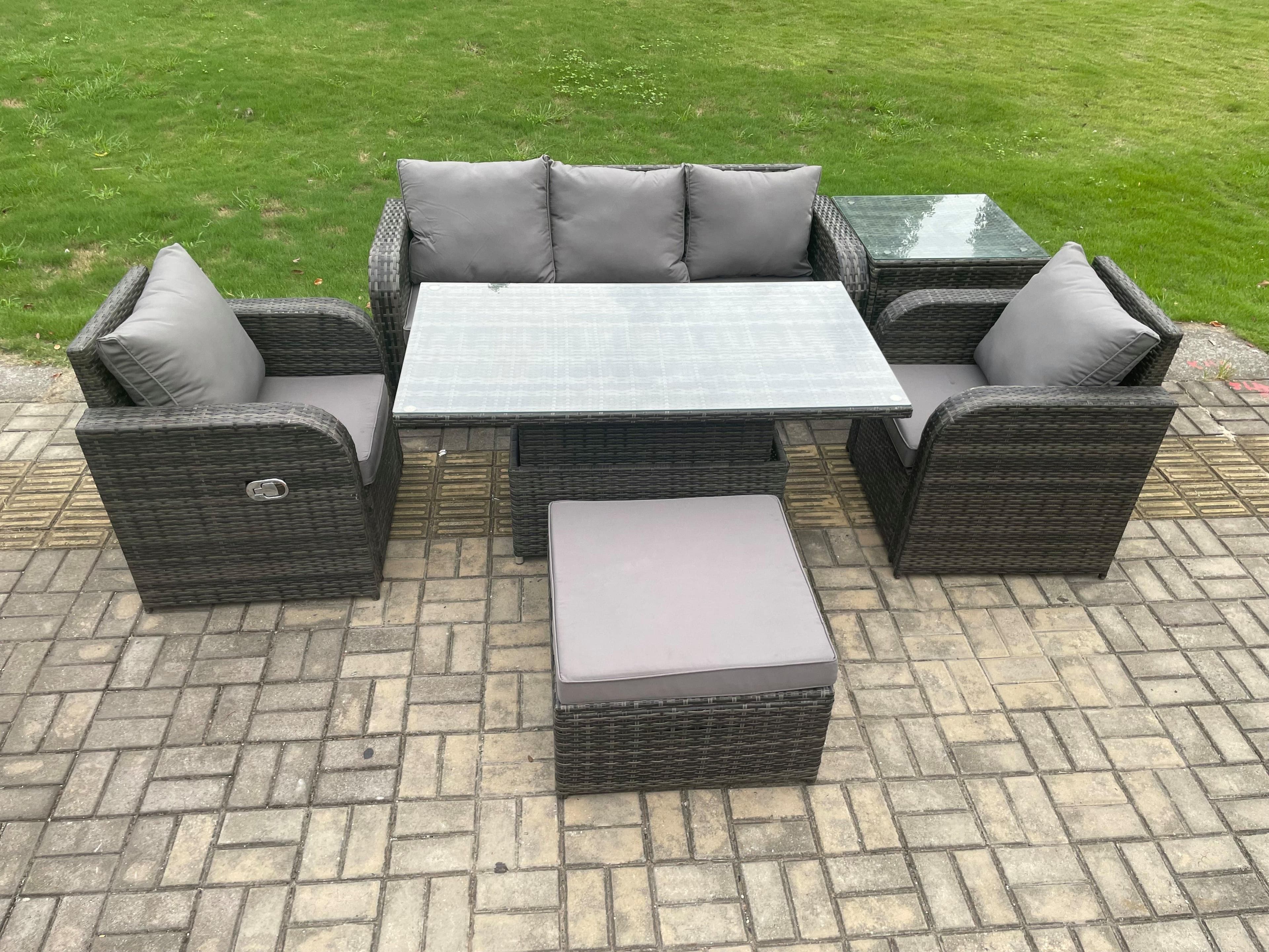 Wicker PE Rattan Outdoor Garden Furniture Set Adjustable Rising lifting Dining Table Armchair Footstool