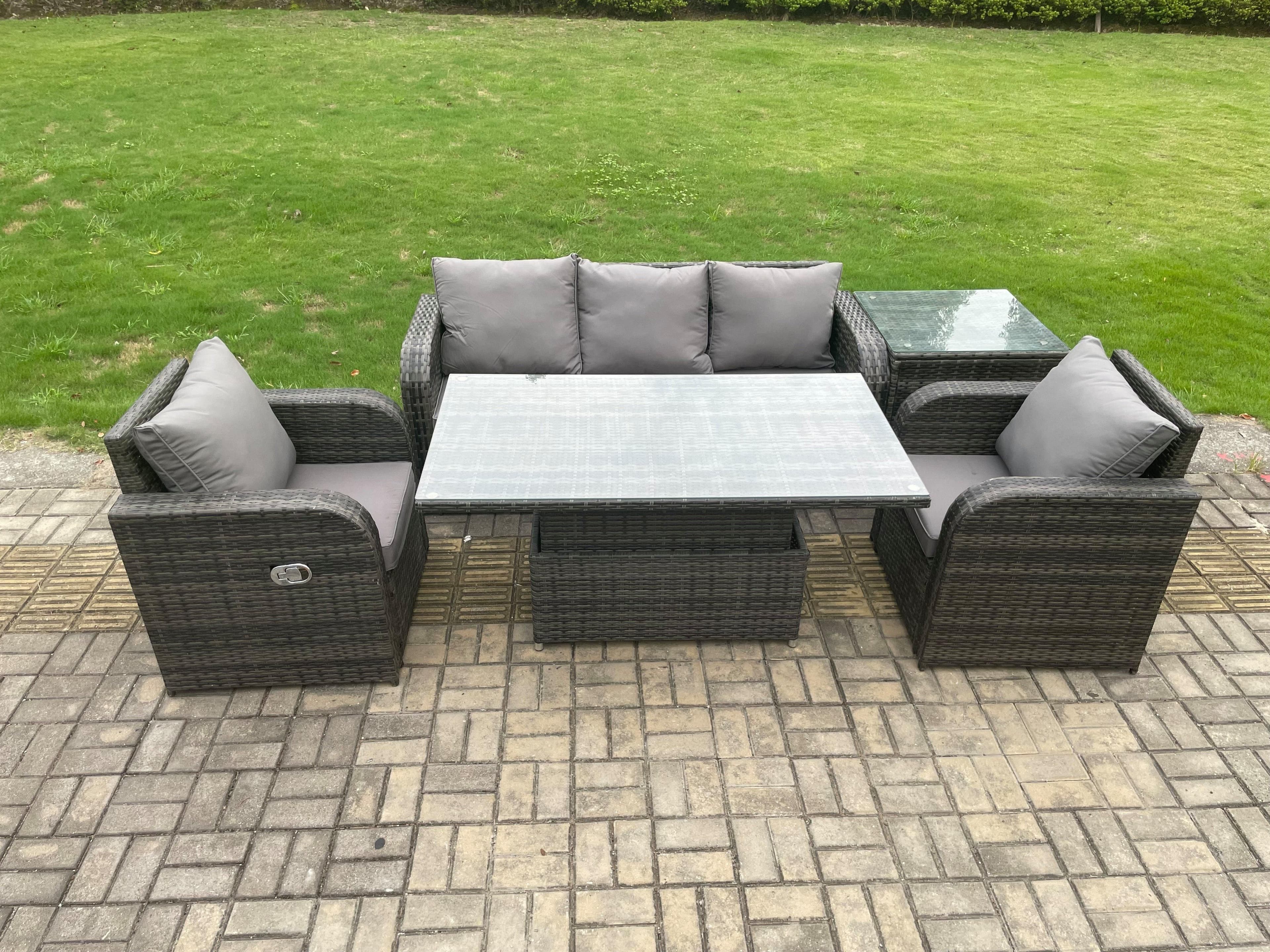 Wicker PE Rattan Outdoor Garden Furniture Set Adjustable Rising lifting Dining Table Armchair Side Table