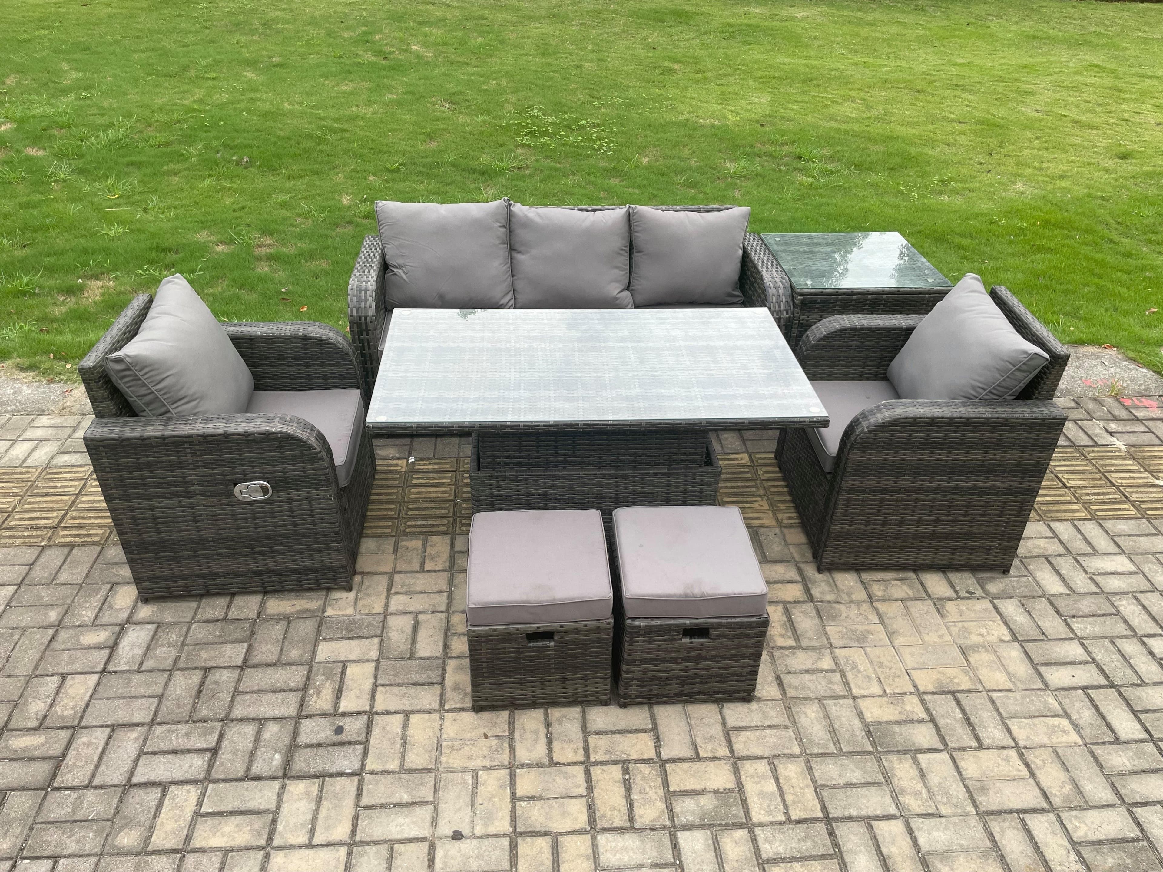 Wicker PE Rattan Outdoor Garden Furniture Set Adjustable Rising lifting Dining Table Chair Side Table