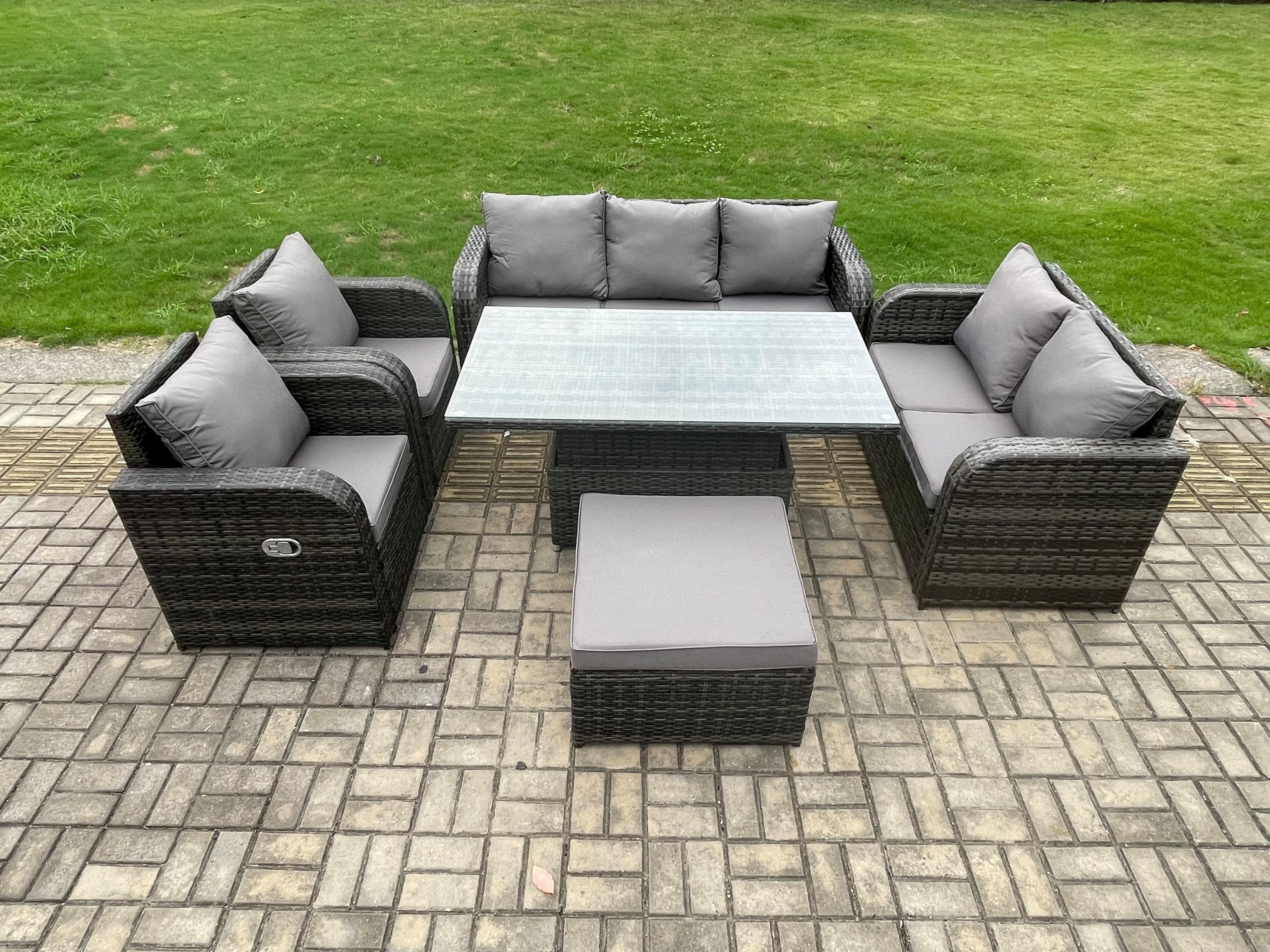 Rattan Outdoor Garden Furniture Sets Height Adjustable Rising lifting Dining Table Reclining Chair Dark Grey Mixed