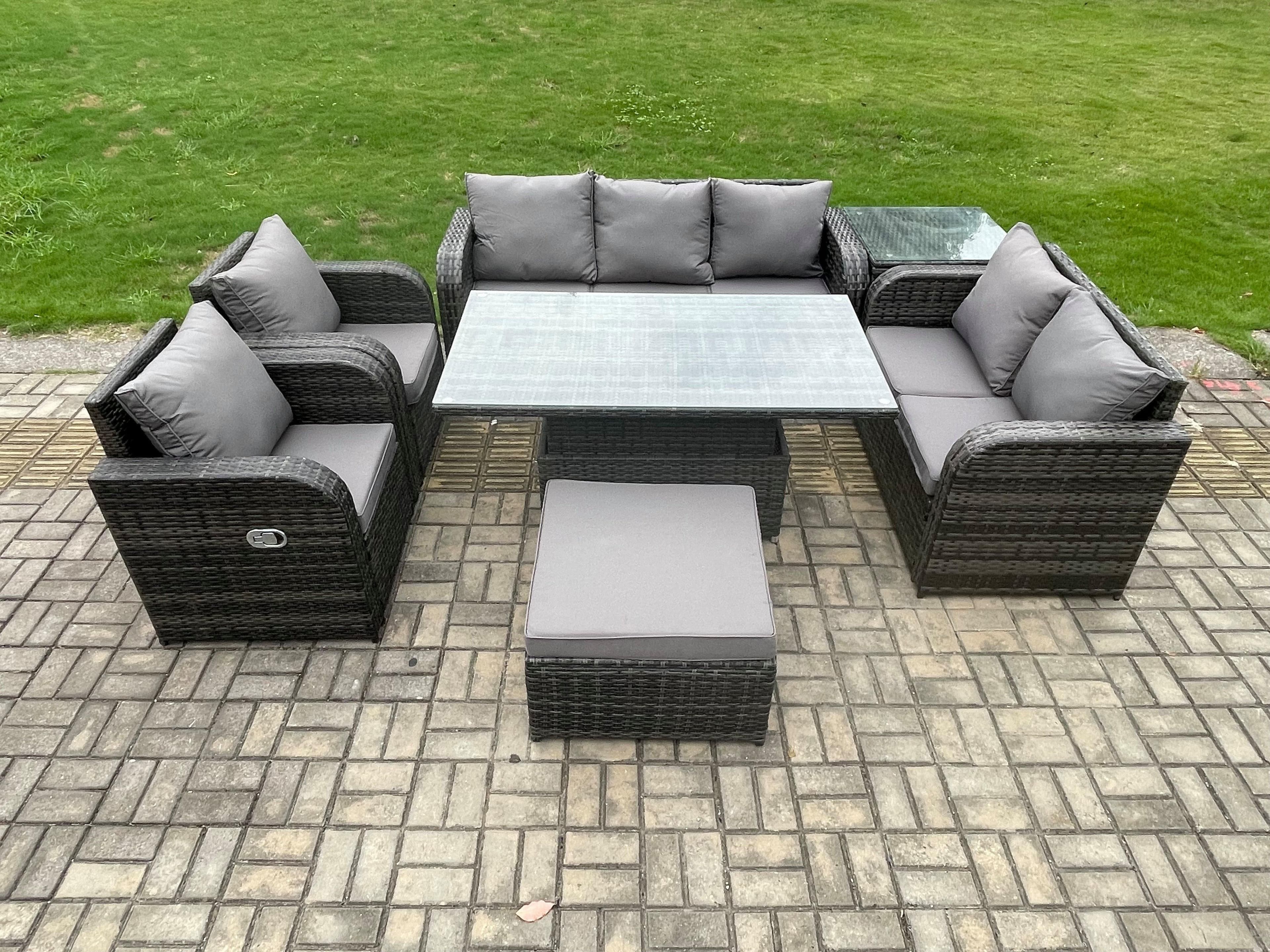 Rattan Outdoor Garden Furniture Sets Height Adjustable Rising lifting Dining Table Reclining Chair Sofa Set
