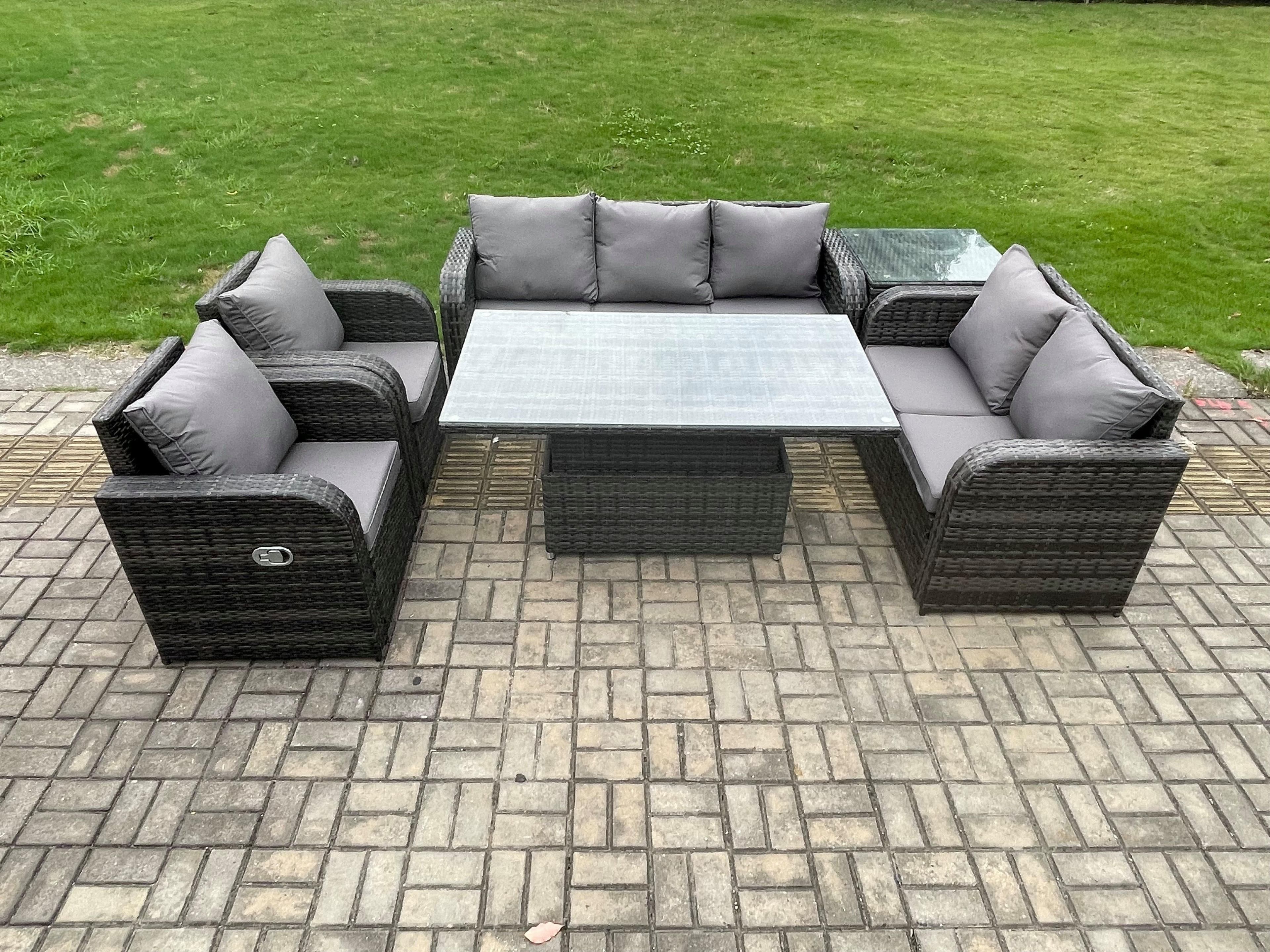 Wicker PE Rattan Outdoor Garden Furniture Sets Height Adjustable Rising lifting Dining Table Reclining Chair Sofa Set