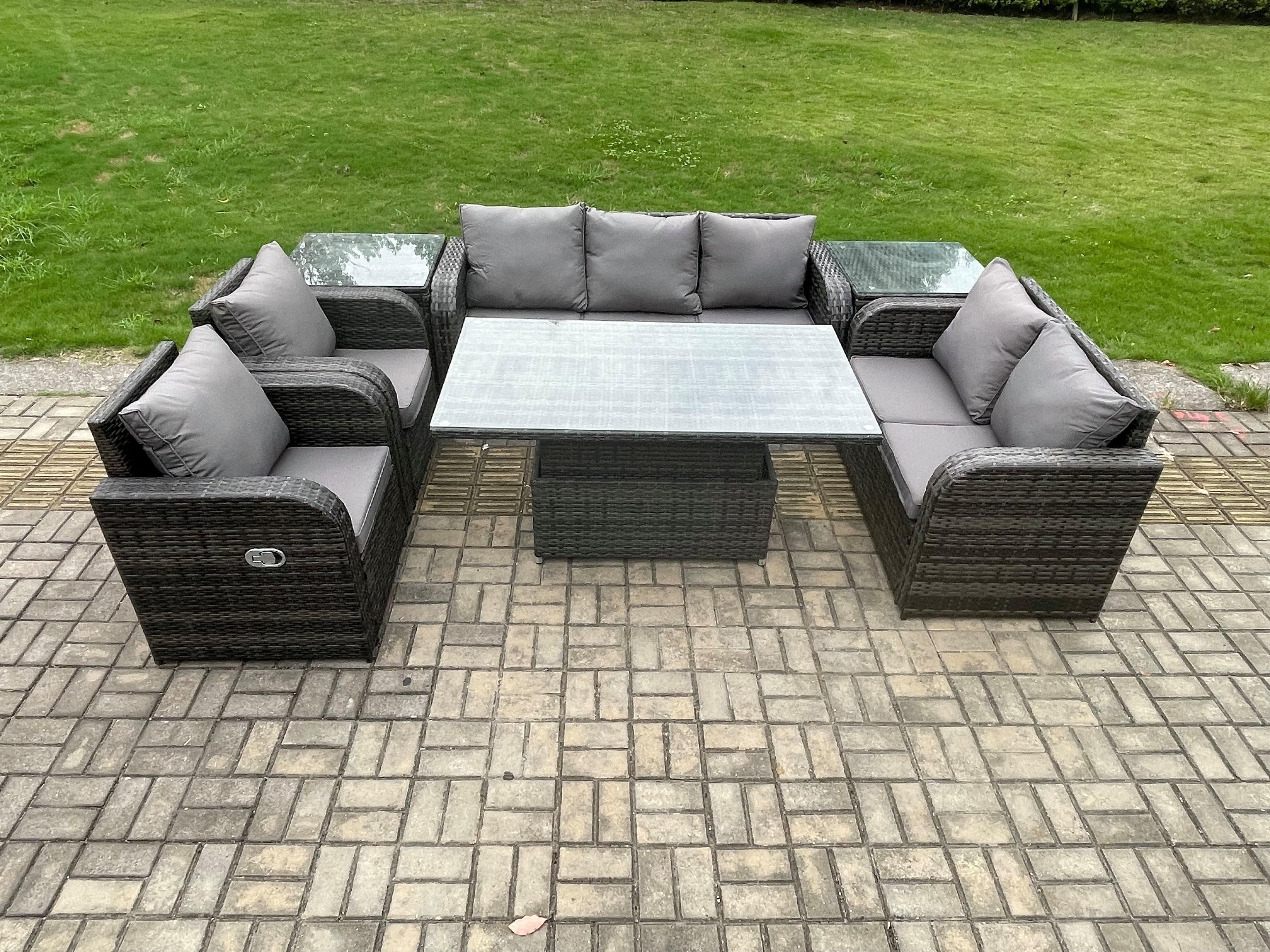 Rattan Outdoor Garden Furniture Sets Height Adjustable Rising lifting Dining Table Reclining Chair Sofa Set Dark Grey
