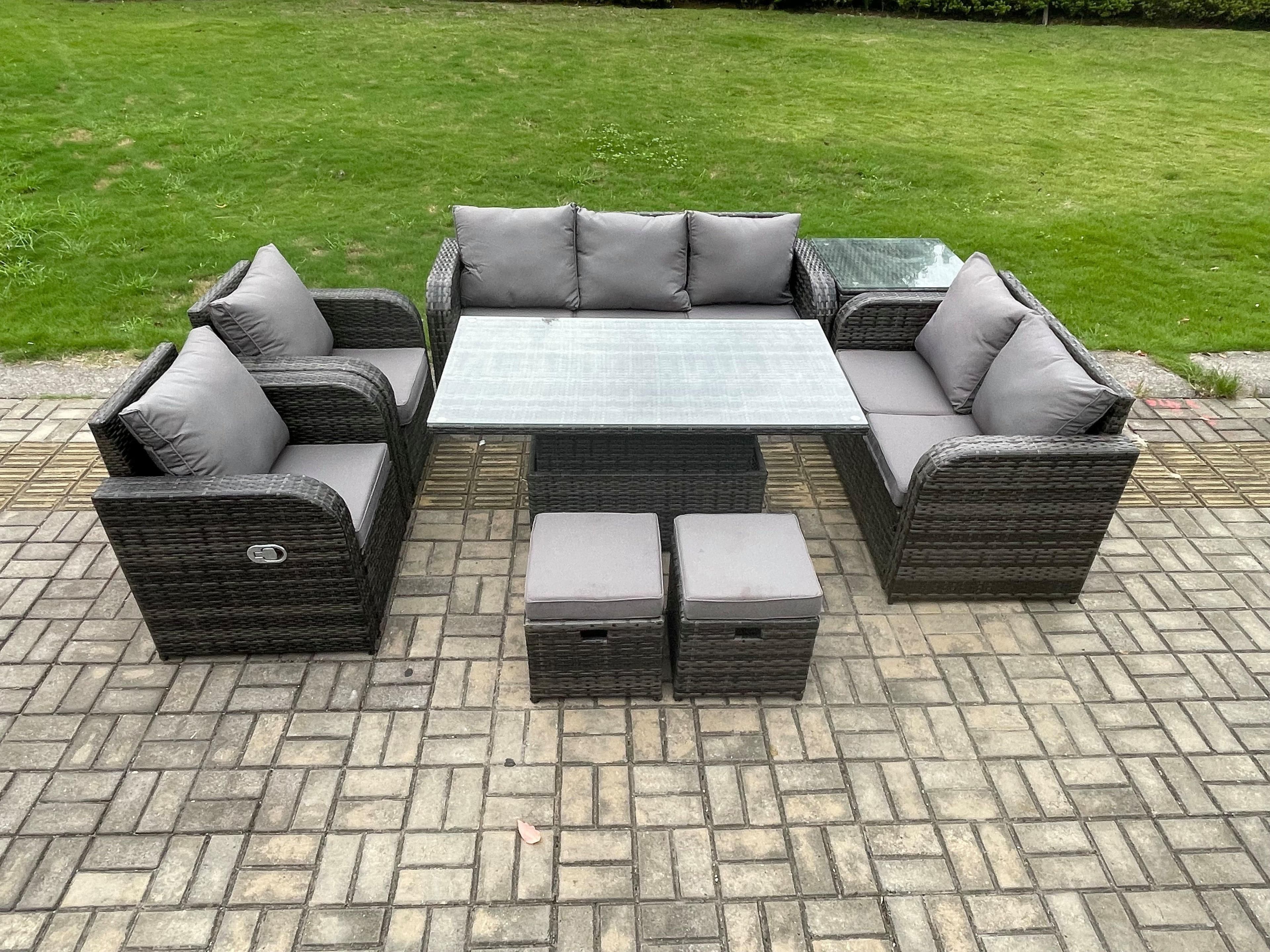 Rattan Outdoor Garden Furniture Sets Height Adjustable Rising lifting Dining Table Reclining Chair Set Side Table