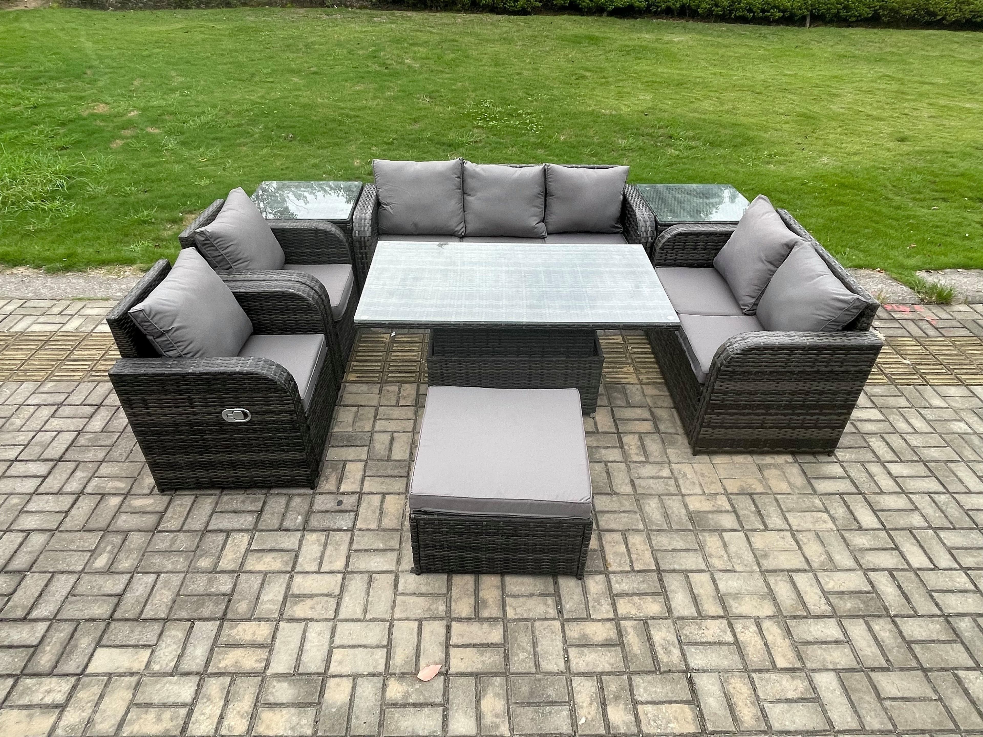 Rattan Outdoor Garden Furniture Sets Adjustable Rising lifting Dining Table Reclining Chair Sofa Set