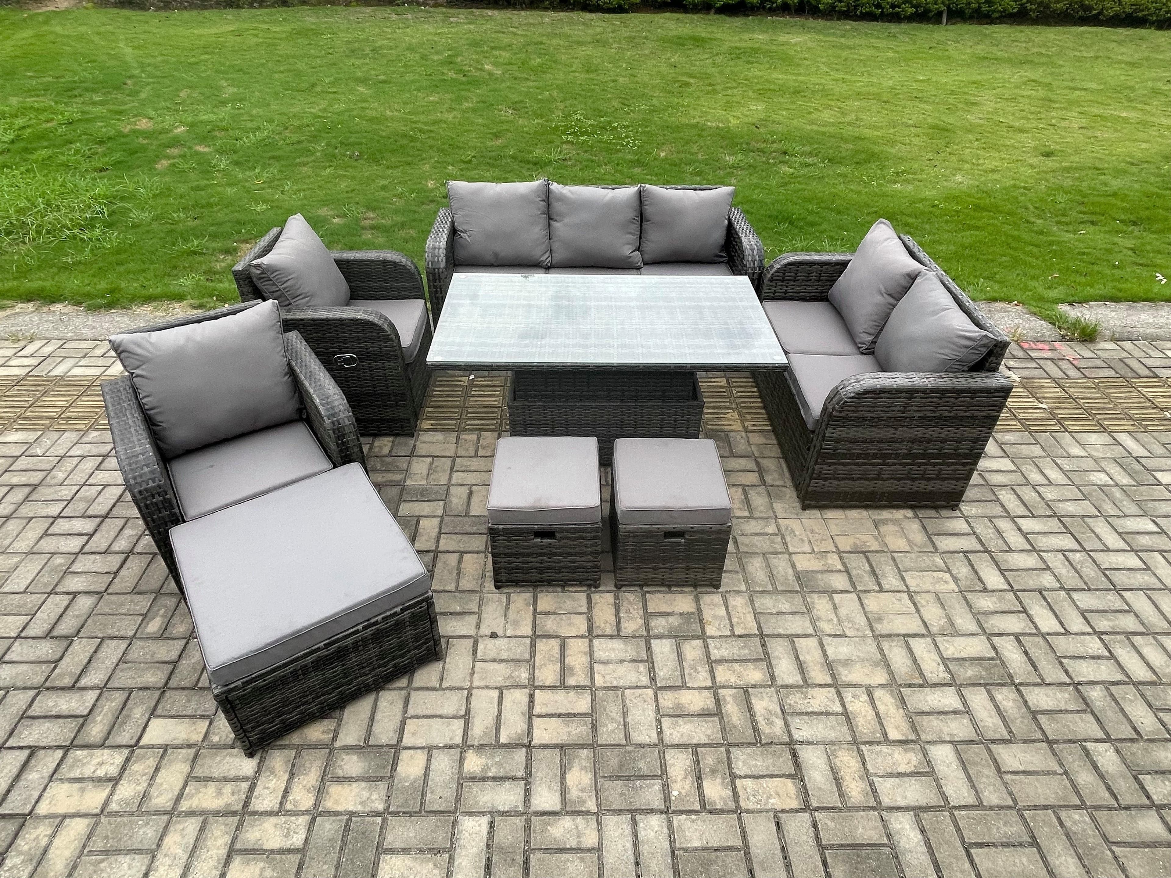 Wicker PE Rattan Outdoor Garden Furniture Sets Height Adjustable Rising lifting Dining Table Sofa Set 3 Footstools