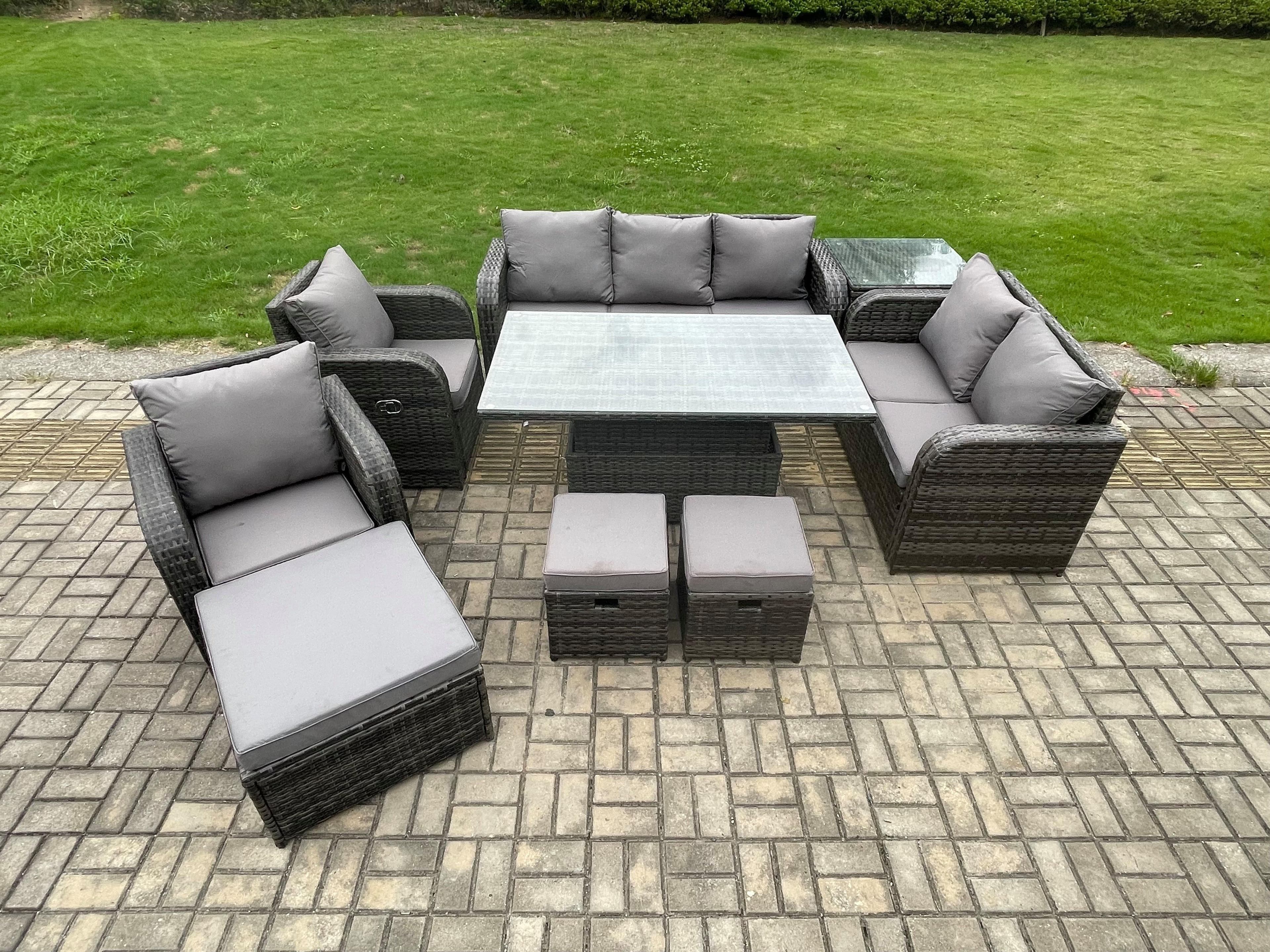 Wicker Rattan Outdoor Garden Furniture Sets Height Adjustable Rising lifting Dining Table Reclining Chair Sofa Set