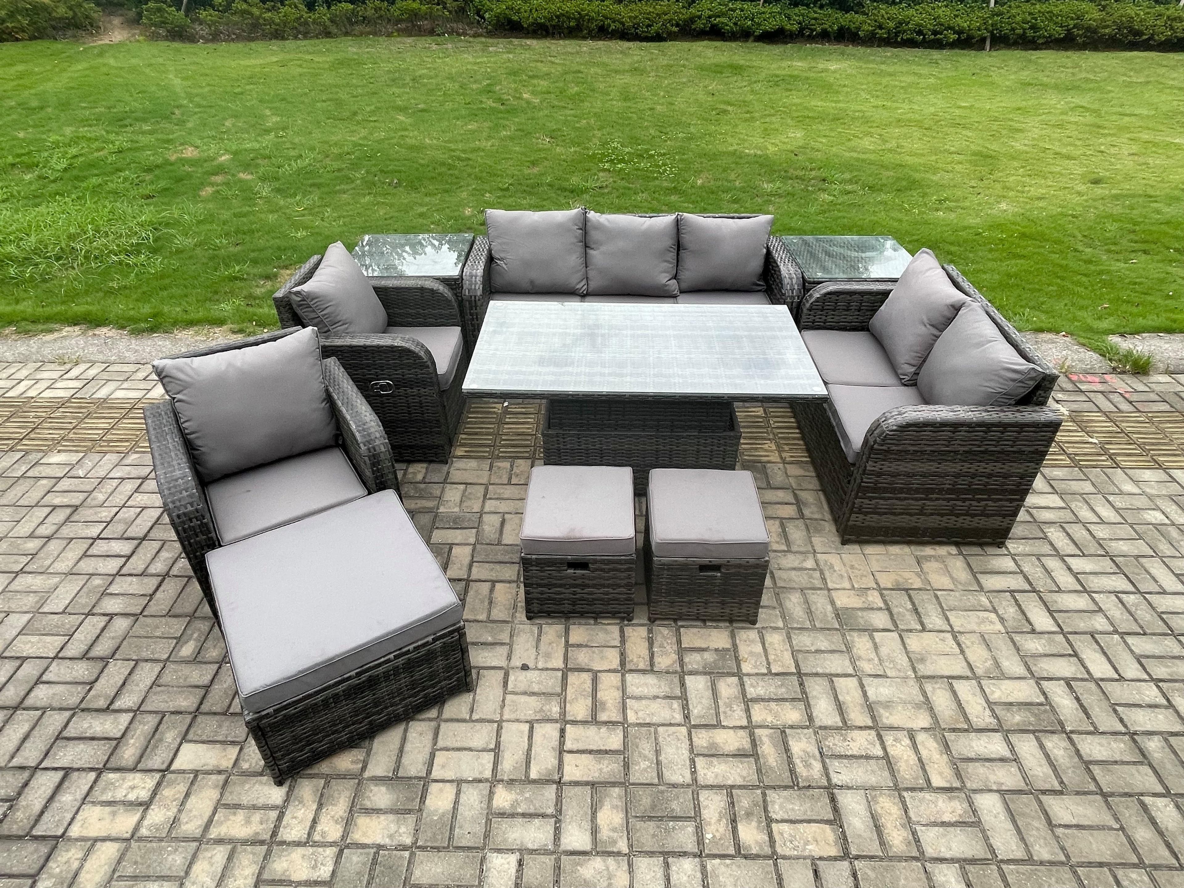 Wicker PE Rattan Outdoor Garden Furniture Sets Height Adjustable Rising lifting Dining Table Sofa Set 2 Side Tables