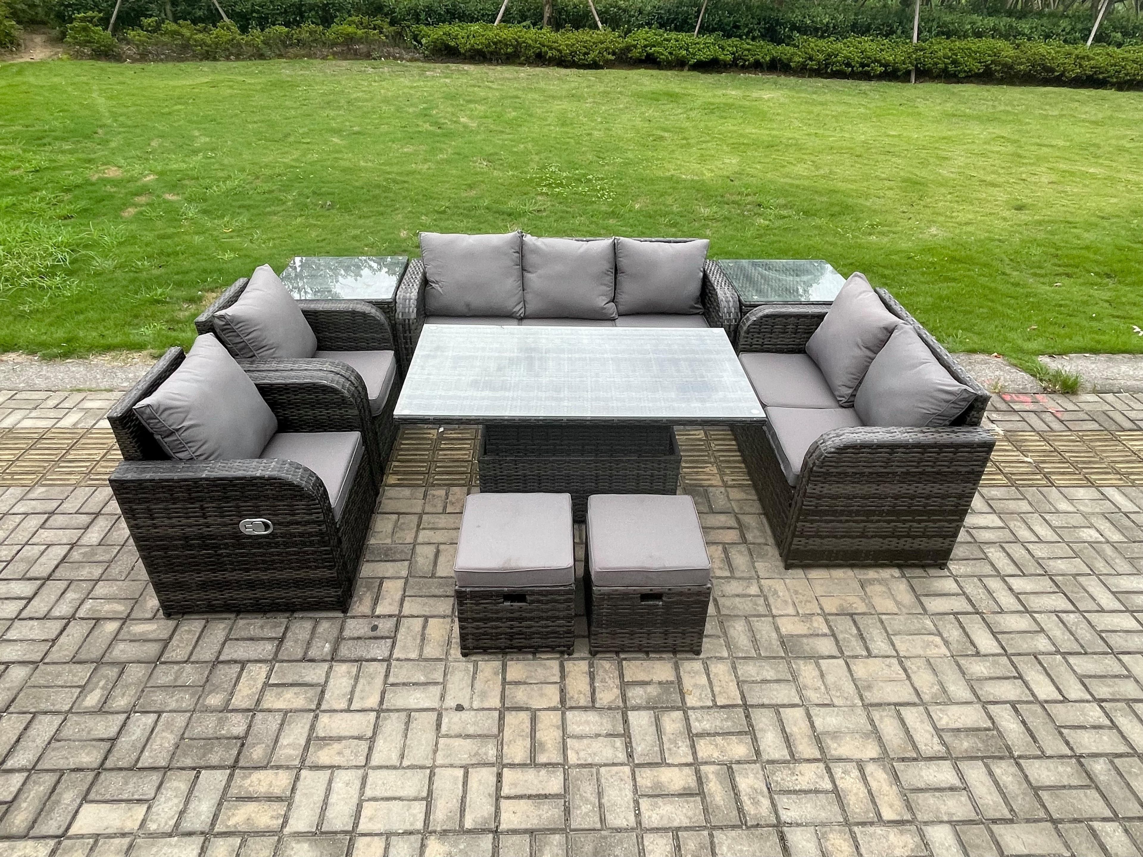 PE Rattan Outdoor Garden Furniture Sets Height Adjustable Rising lifting Dining Table Reclining Chair Sofa Set