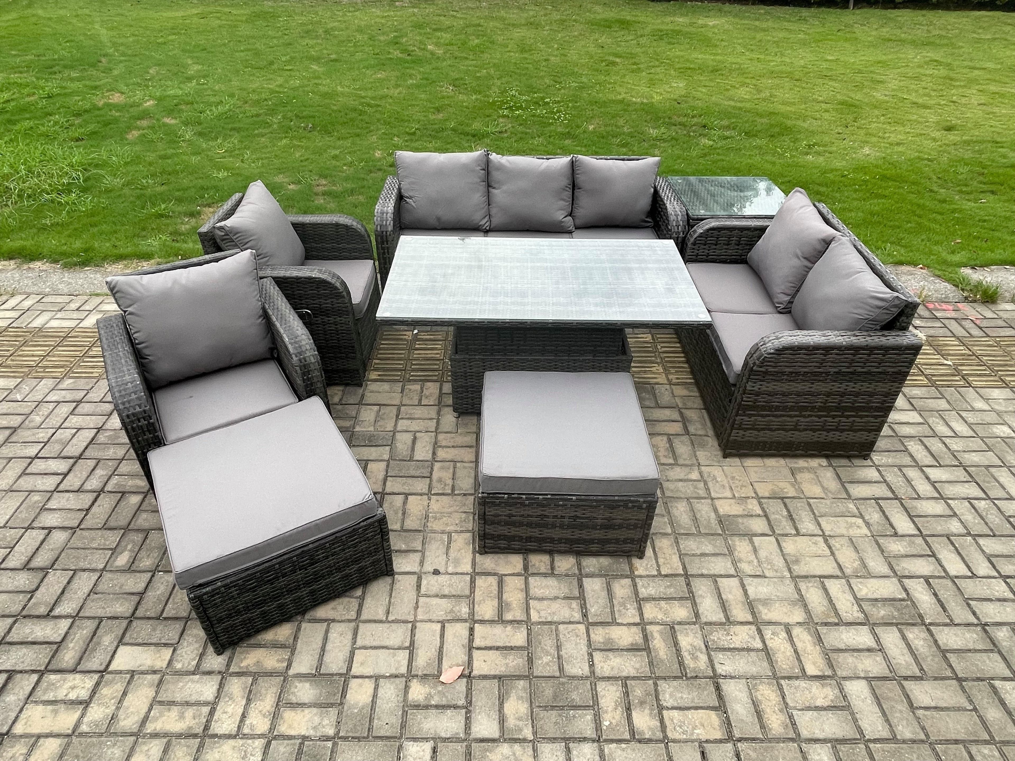 Outdoor Rattan Furniture Garden Dining Set Height Adjustable Rising lifting Table Reclining Chair Sofa Side Table