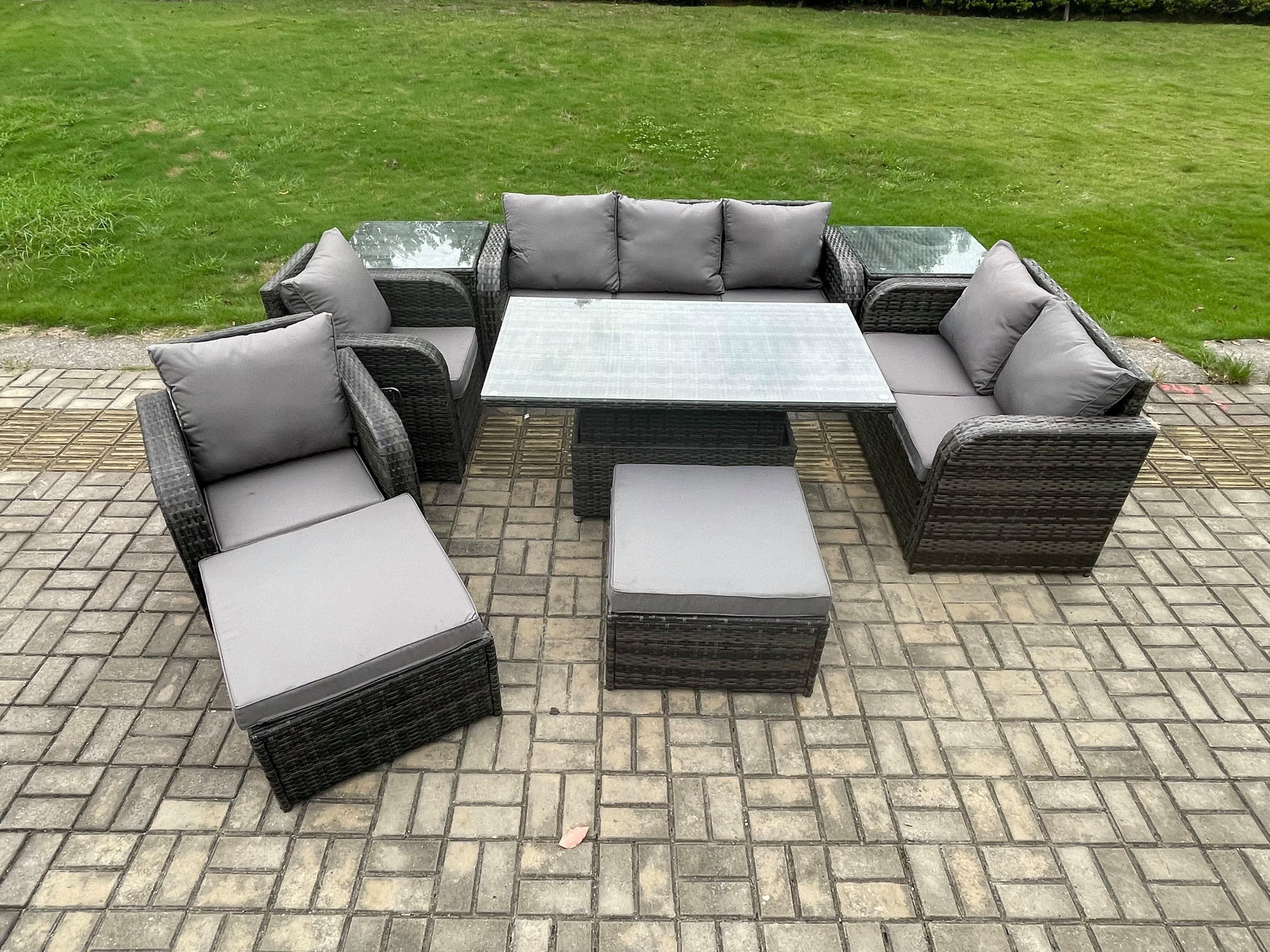 Outdoor Rattan Furniture Garden Dining Set Patio Height Adjustable Rising lifting Table Chair Sofa 2 Side Tables