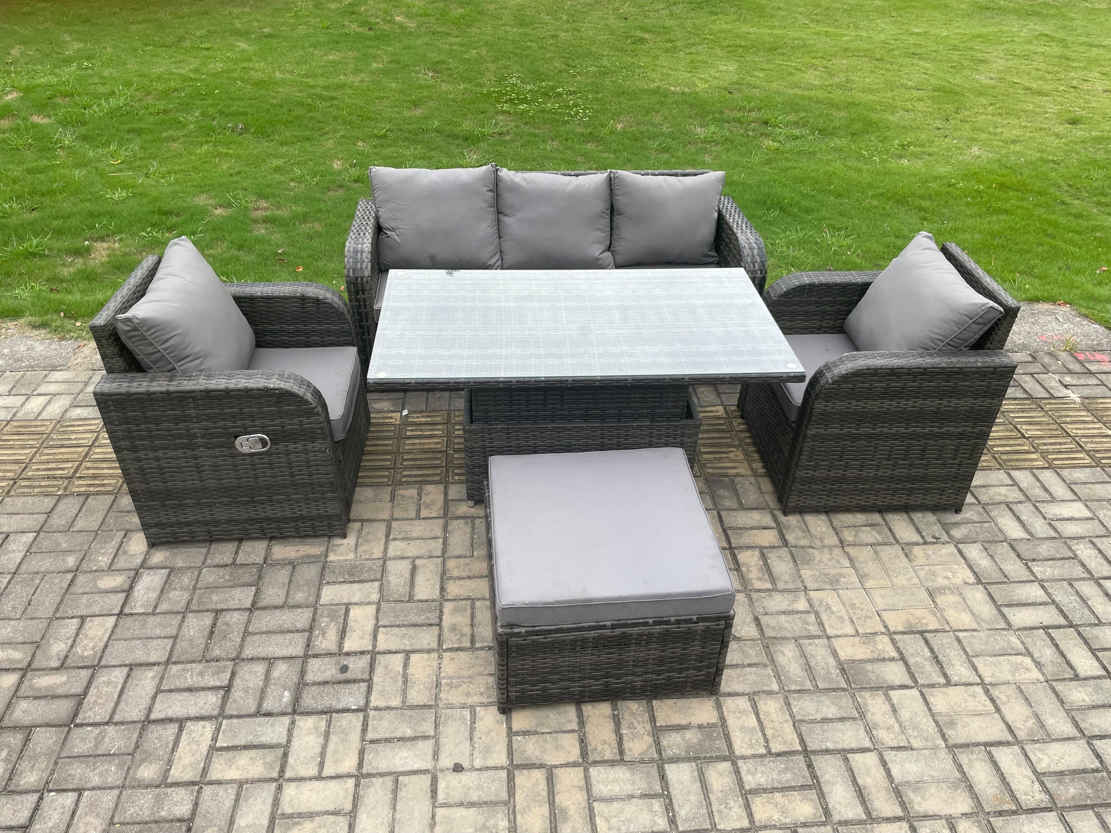 6 Seater Rattan Outdoor Garden Furniture Sets Height Adjustable Rising lifting Dining Table Lounge Sofa Set Dark Grey Mixed