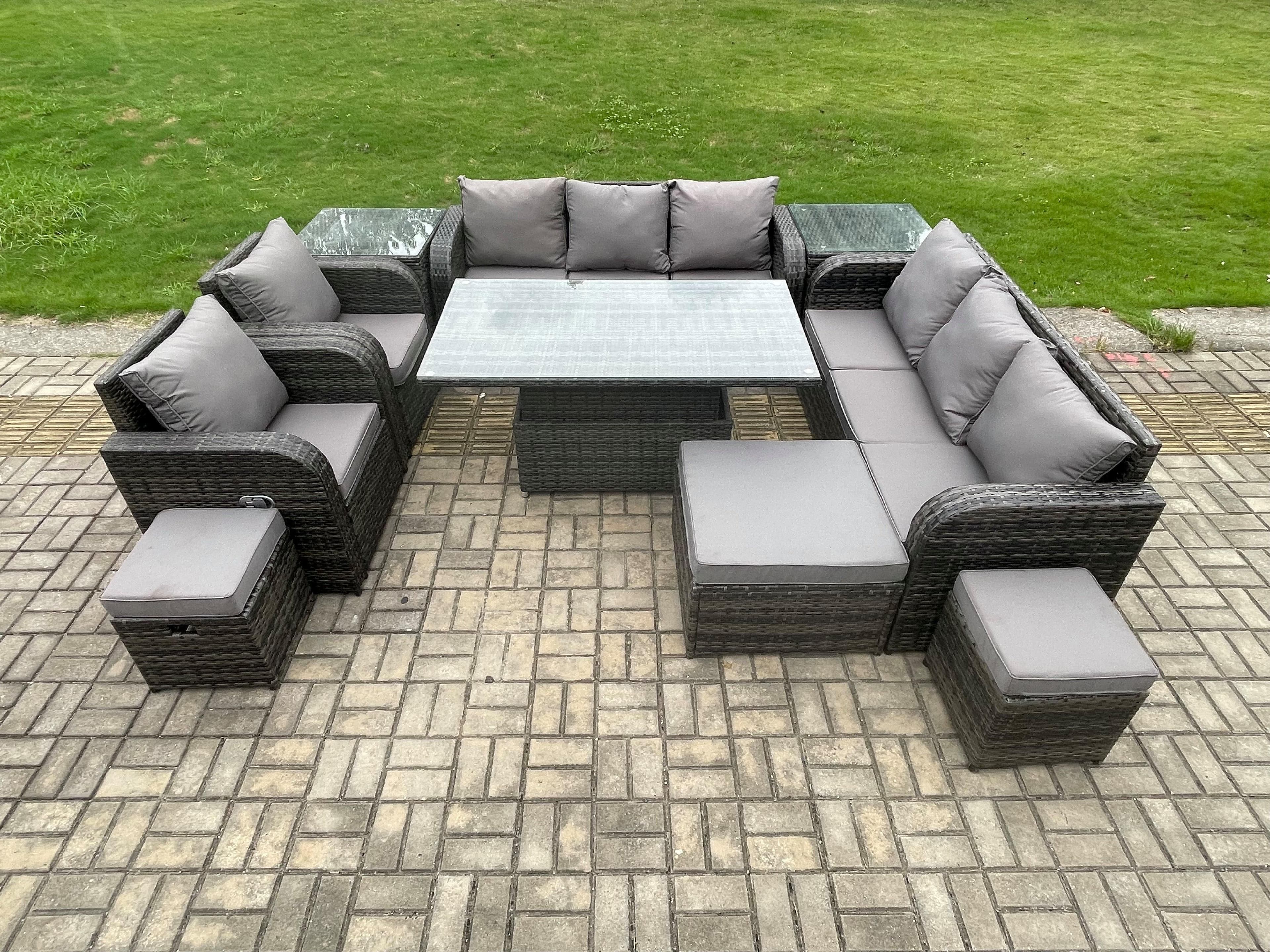 11 Seater Rattan Outdoor Garden Furniture Sets Height Adjustable Rising lifting DiningTable Sofa Set Reclining Chair