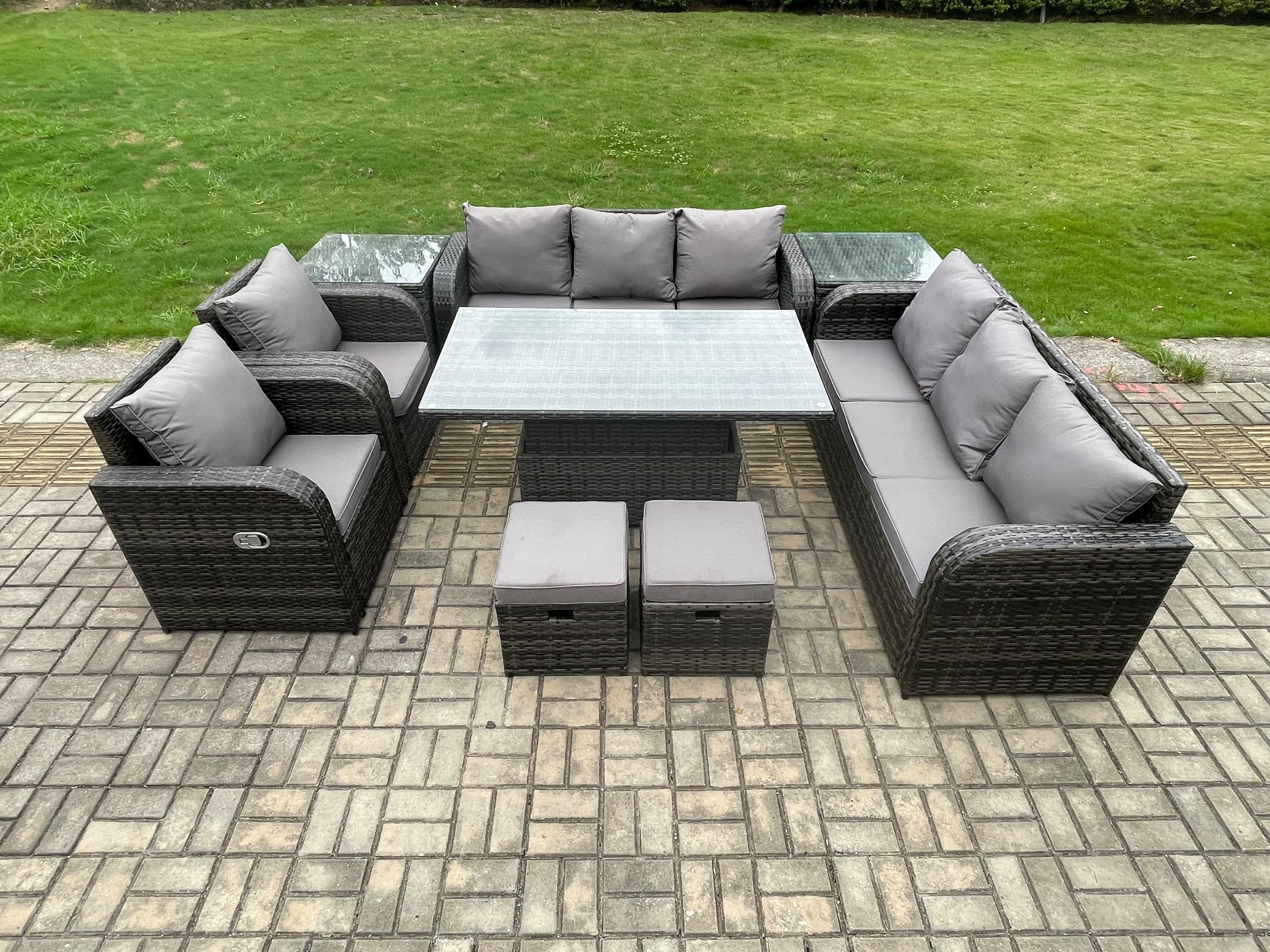 Rattan Outdoor Garden Furniture Sets Height Adjustable Rising lifting Dining Table Reclining Chair Sofa Set 2 Side Tables
