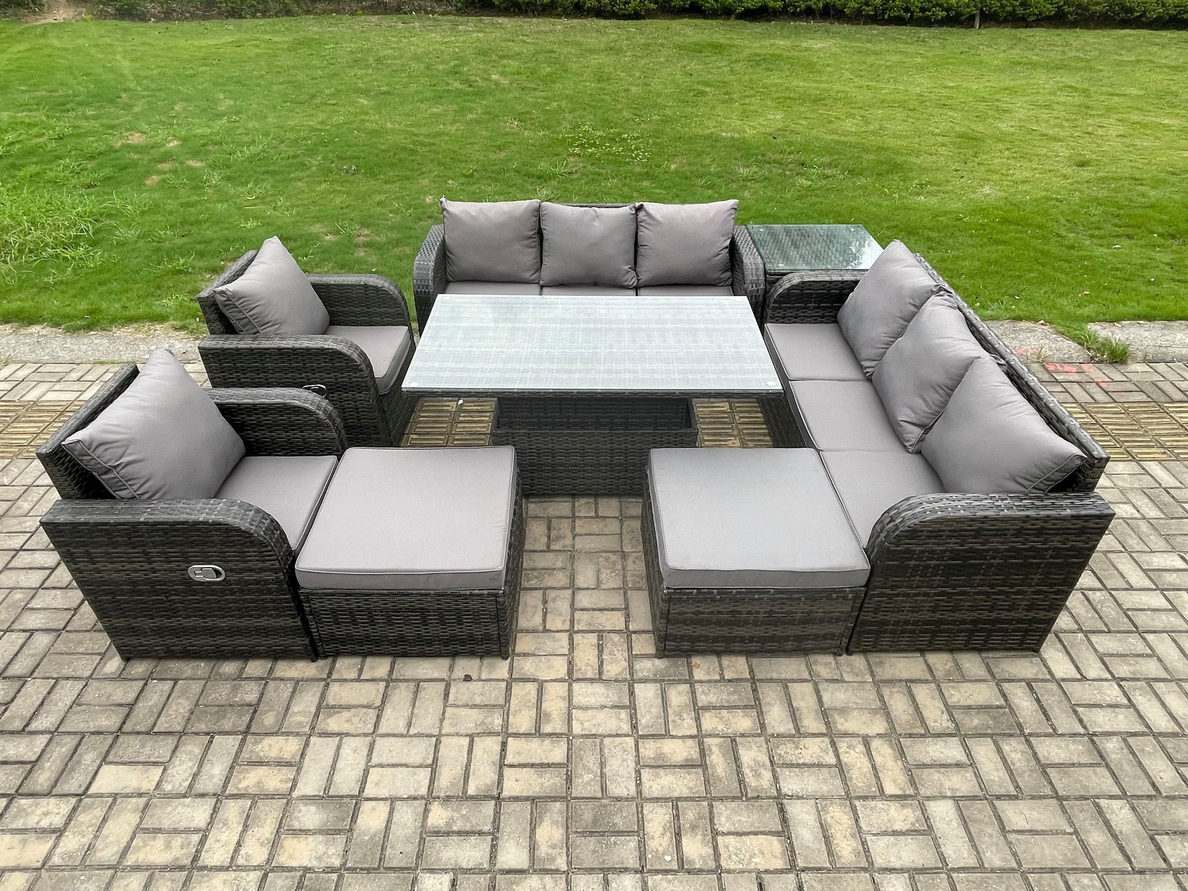 Rattan Outdoor Garden Furniture Sets Height Adjustable Rising lifting Dining Table Reclining Chair Sofa Set Side Tables