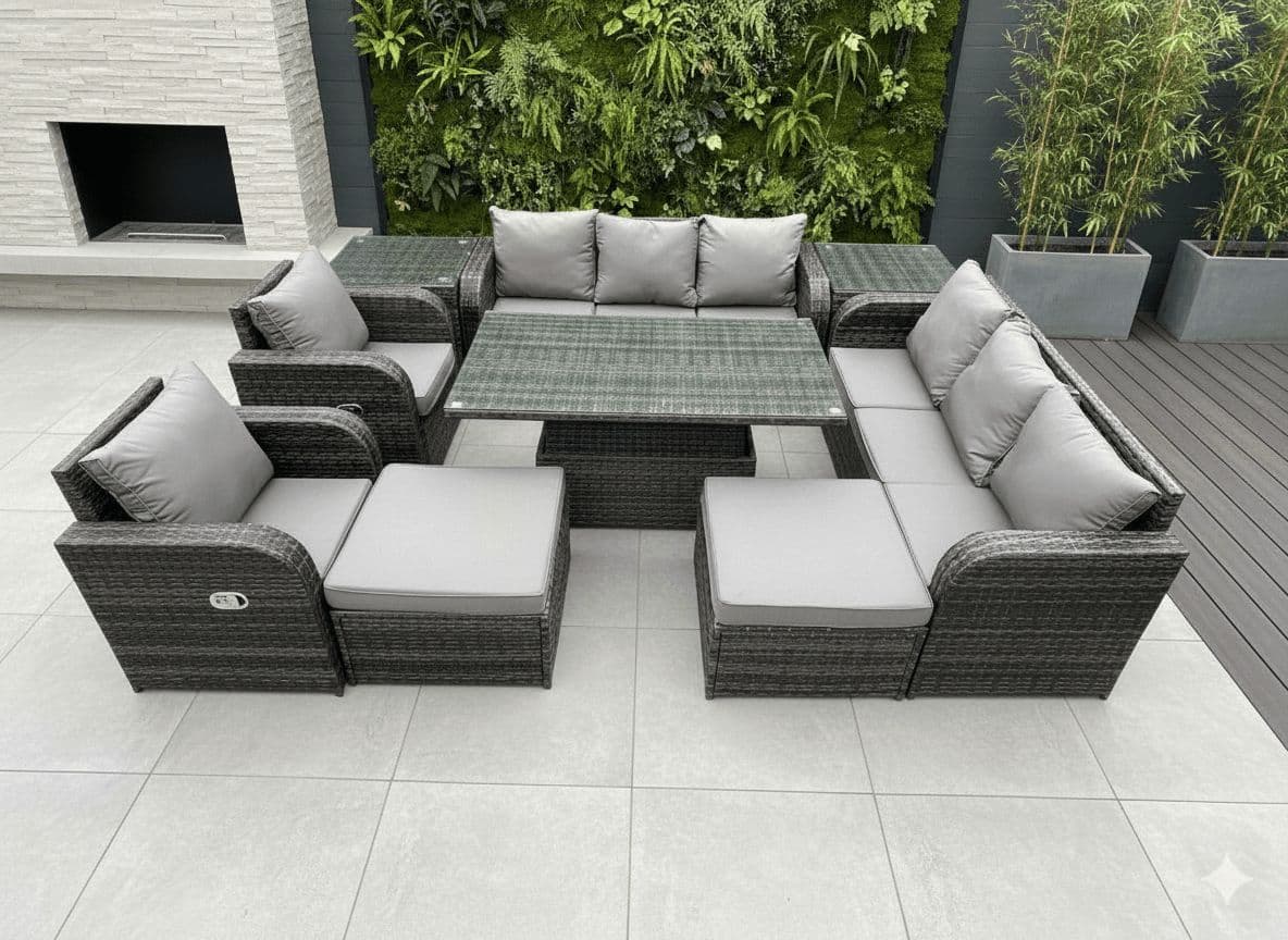 Rattan Outdoor Garden Furniture Sets Rising lifting Dining Table Reclining Chair Sofa Set 2 Side Tables 2 Big Footstools