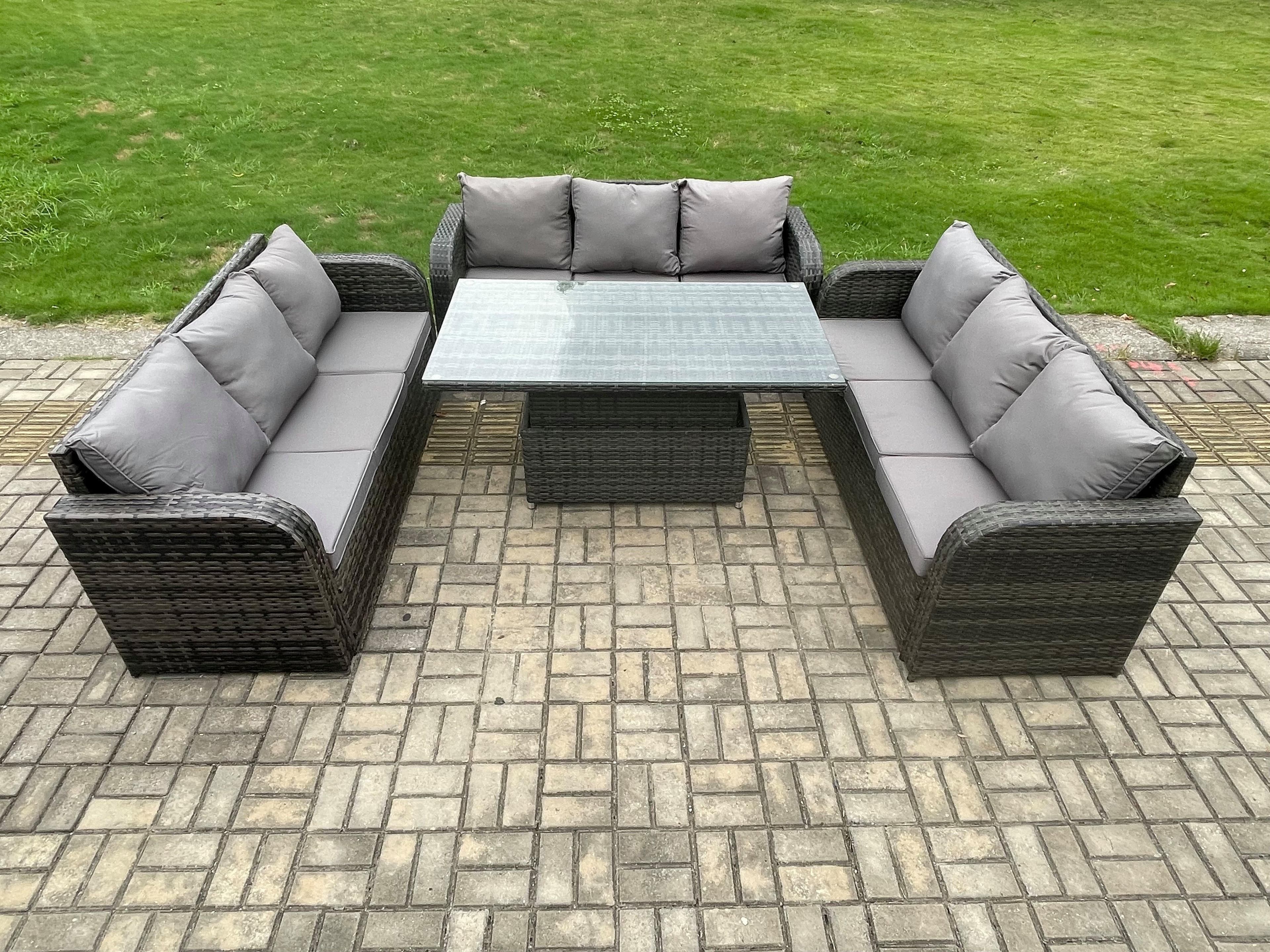 Patio Garden Dining Set Outdoor Rattan Furniture Lounge Sofa Height Adjustable Rising lifting Table