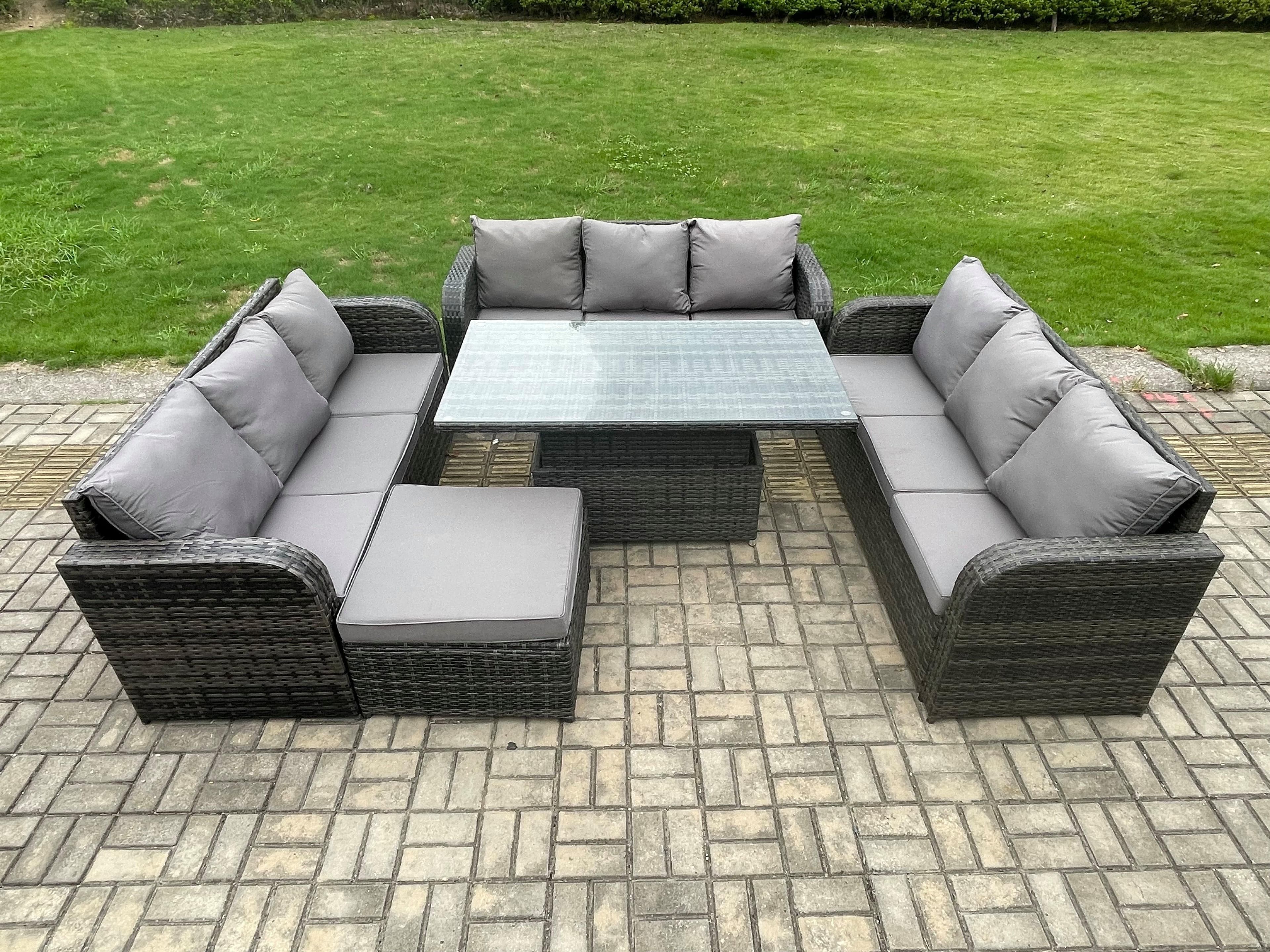 Patio Garden Dining Set Outdoor Rattan Furniture Lounge Sofa Height Adjustable Table Big Footstool