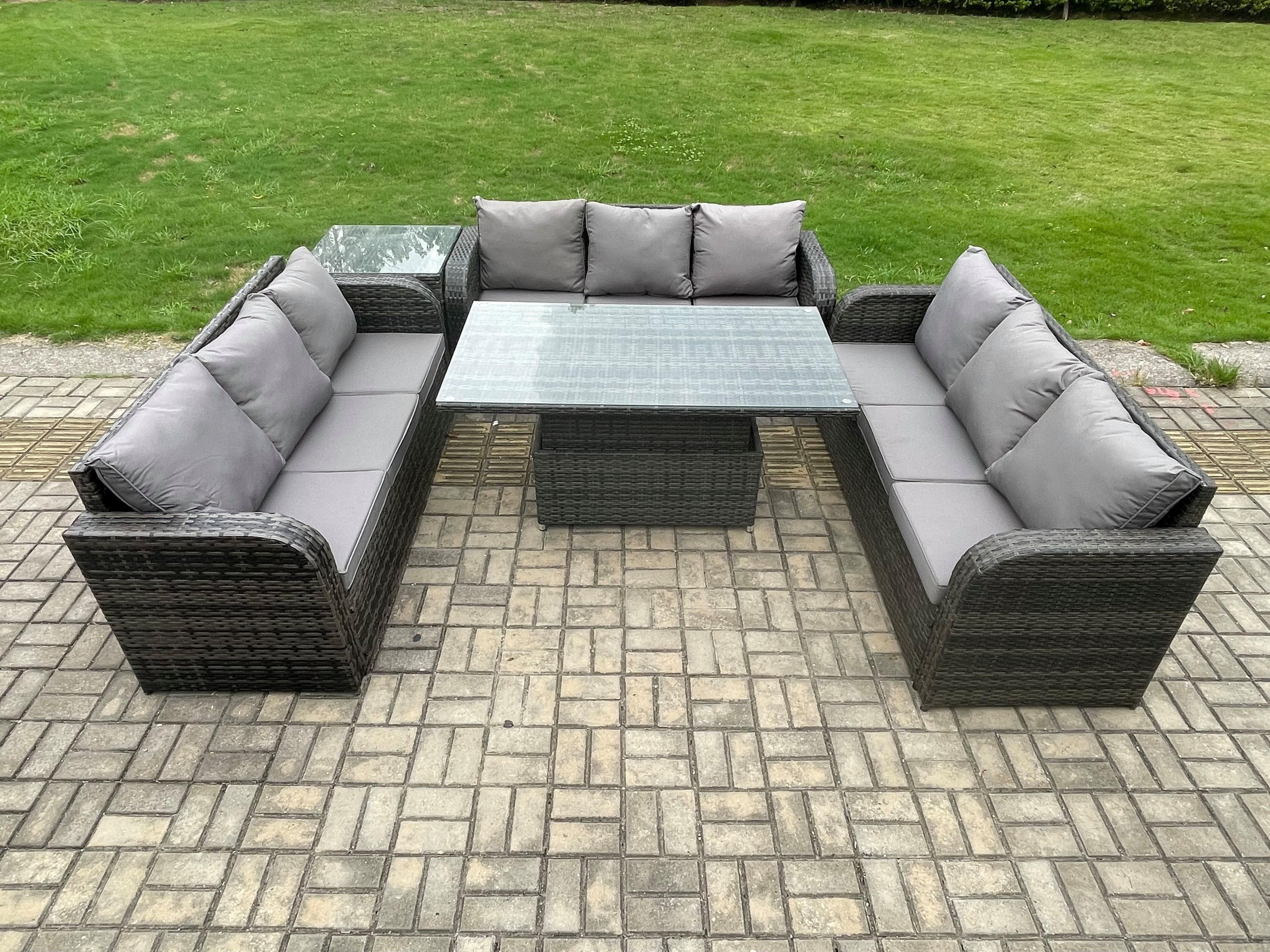 Patio Garden Dining Set Outdoor Rattan Furniture Lounge Sofa Height Adjustable Rising Table Side Table