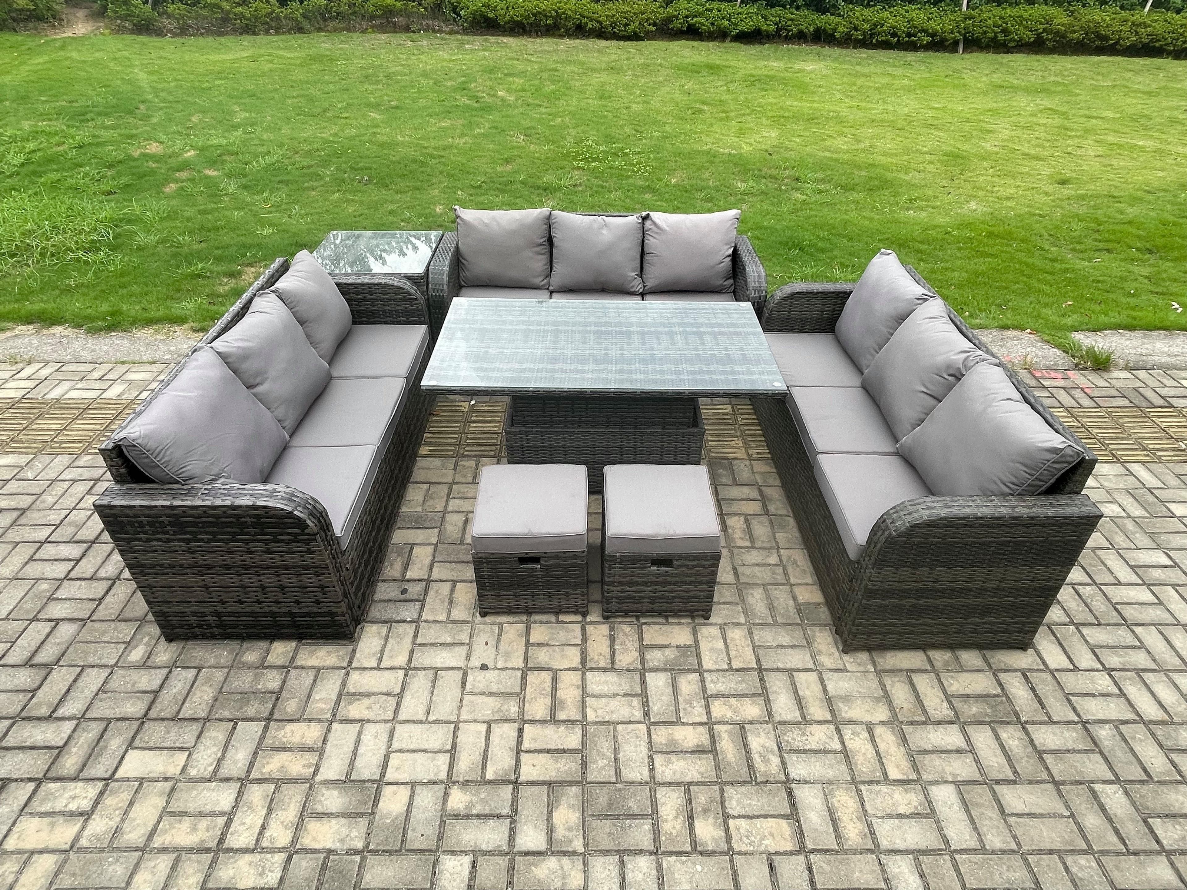 Patio Garden Dining Set Outdoor Rattan Furniture Lounge Sofa Height Adjustable Rising lifting Table